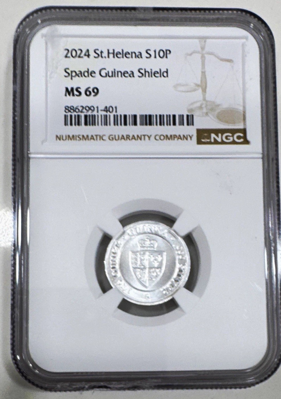 2024 St Helena £10 Spade Guinea Shield NGC MS69 0.999 Silver Coin