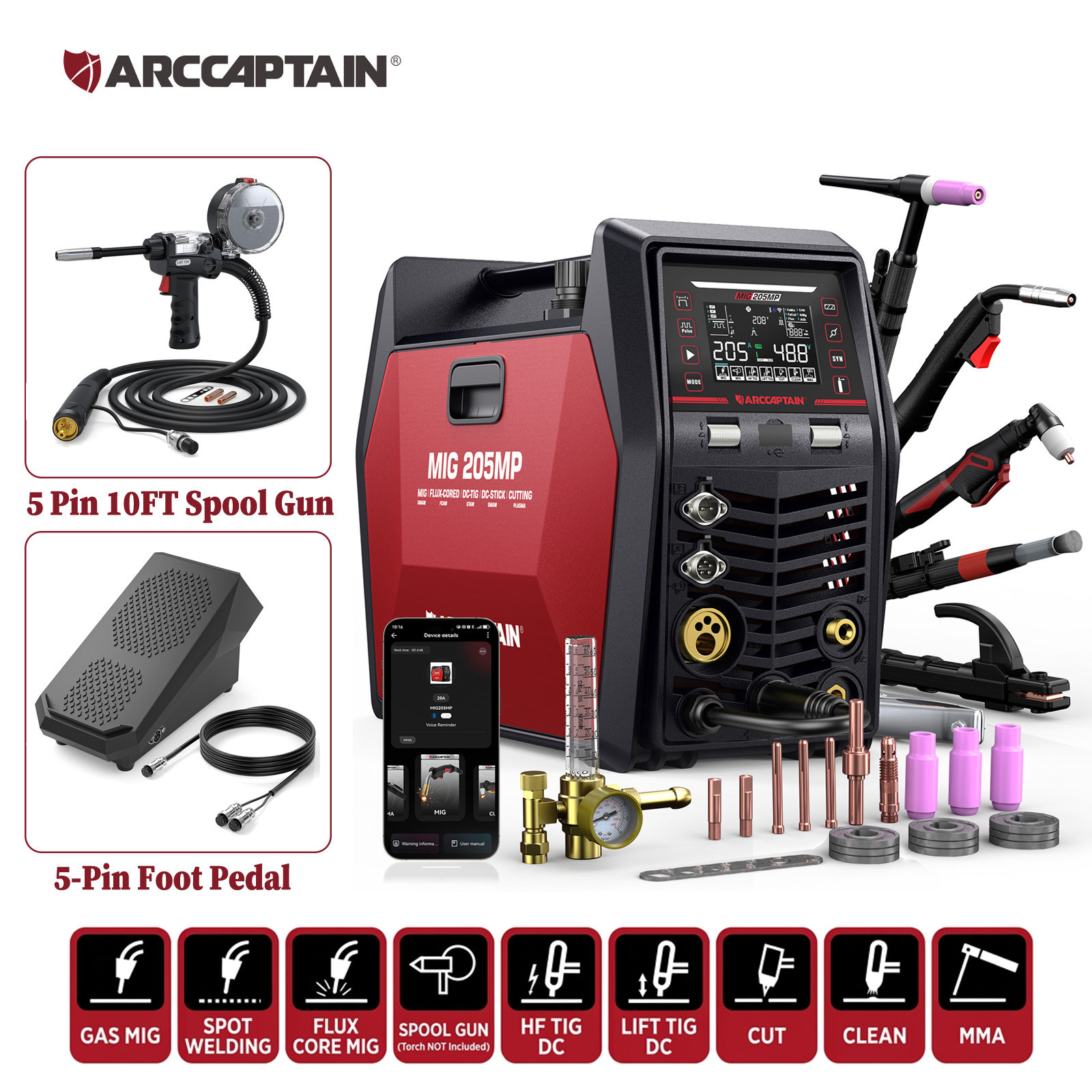 ARCCAPTAIN MIG205MP Pulse MIG Welder Plasma Cutter Aluminum Spool Gun & Pedal US