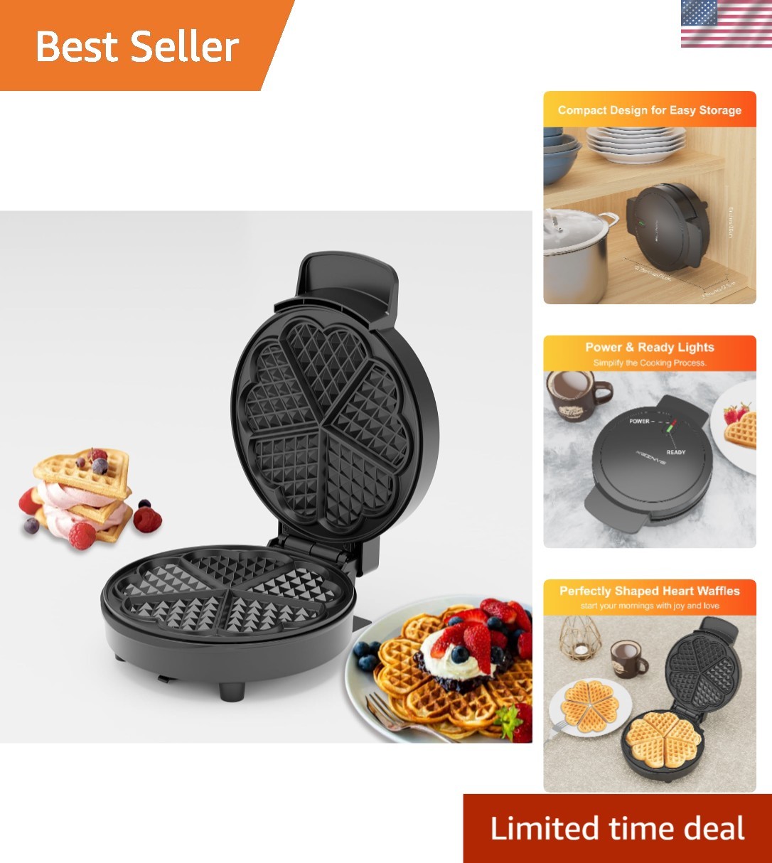 Mini Heart Waffle Maker with Indicator Lights - Effortless Cleaning & Storage