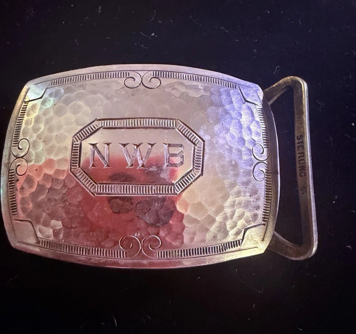 Antique 1928 Sterling Silver Hand Hammered Belt Buckle Monogram NWB Patent Date