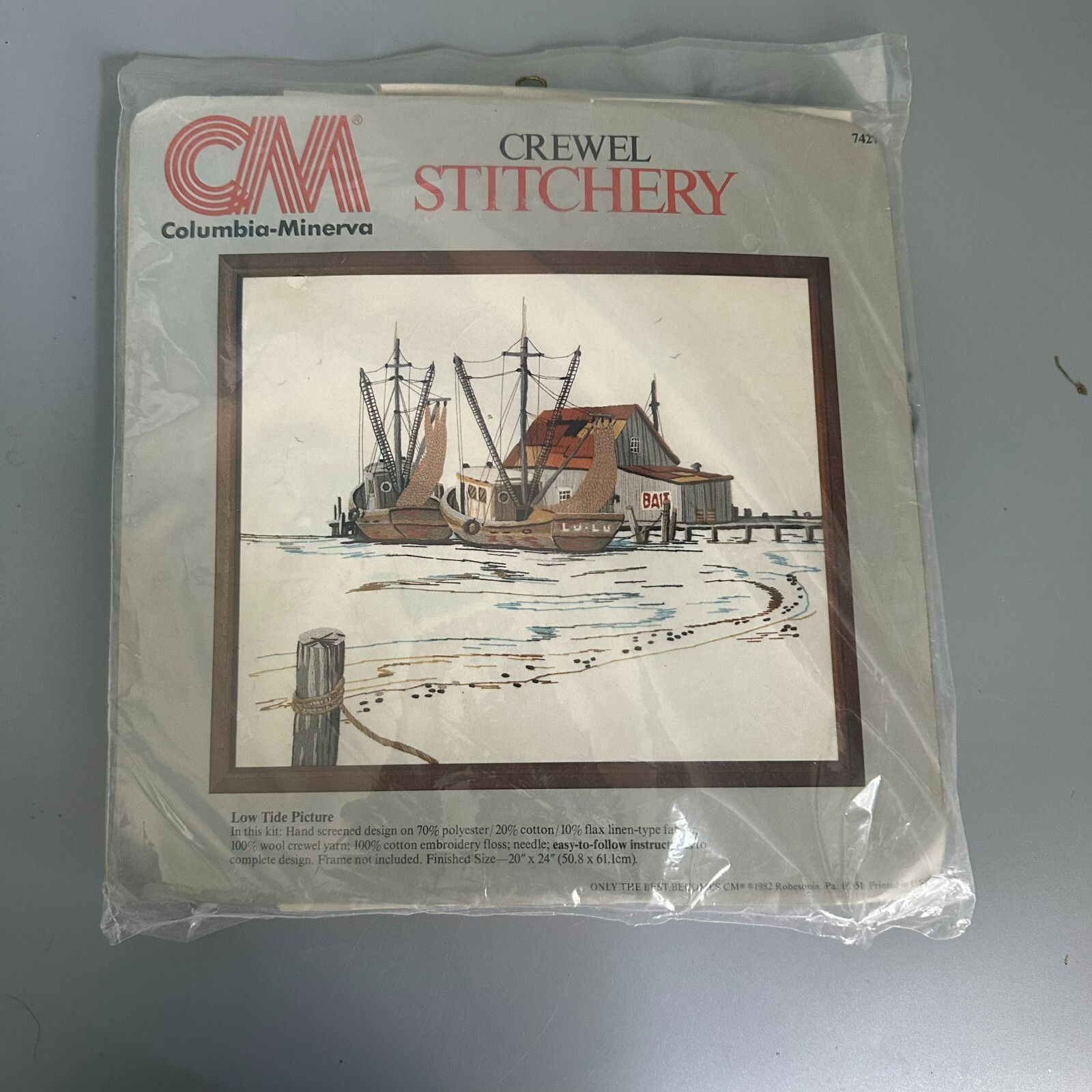 Vintage Columbia-Minerva Crewel Stitchery Kit Low Tide Picture 7421 Boats 1982