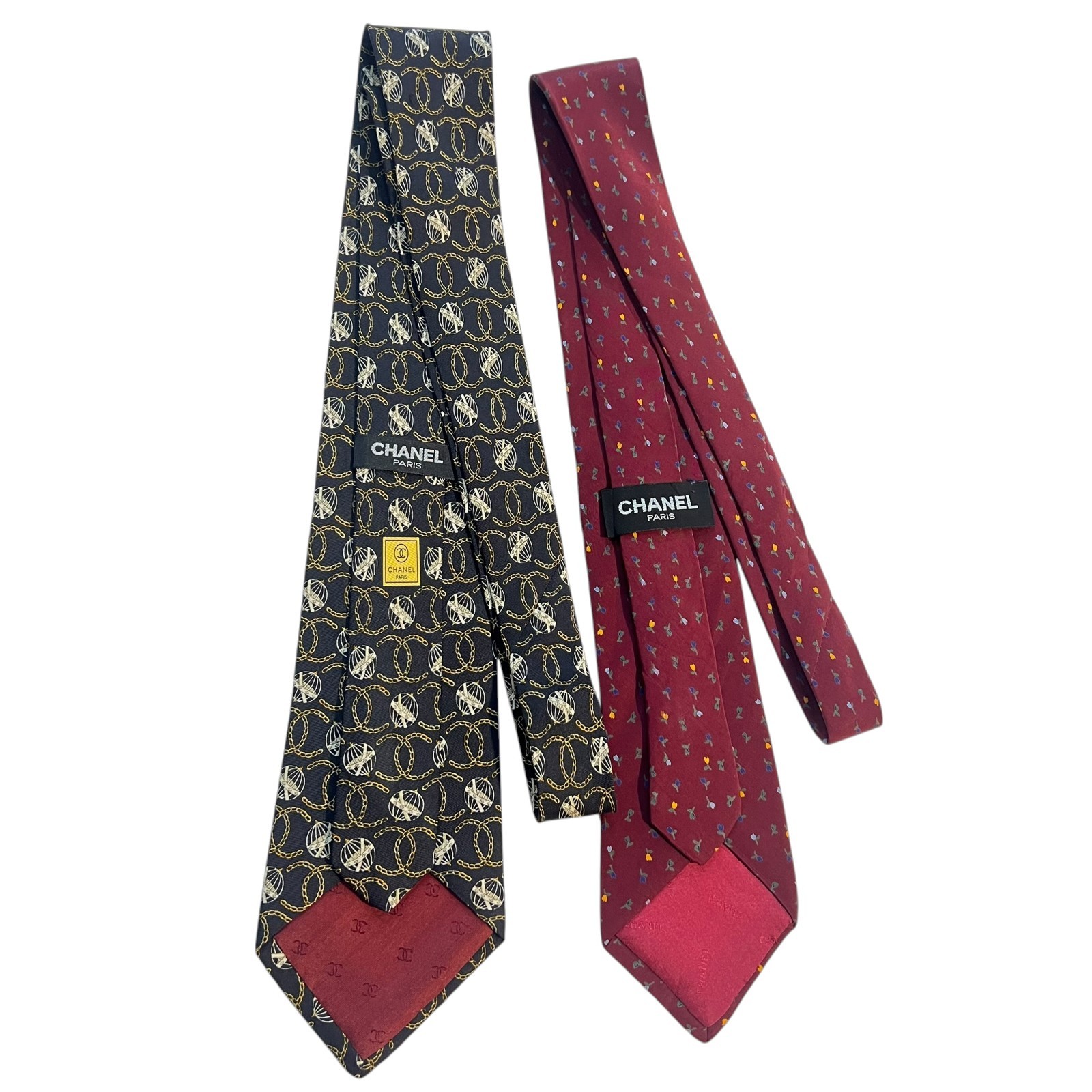 Chanel Paris Silk Necktie Lot of 2 Men\'s Designer Luxury Logo Chain CC Pattern