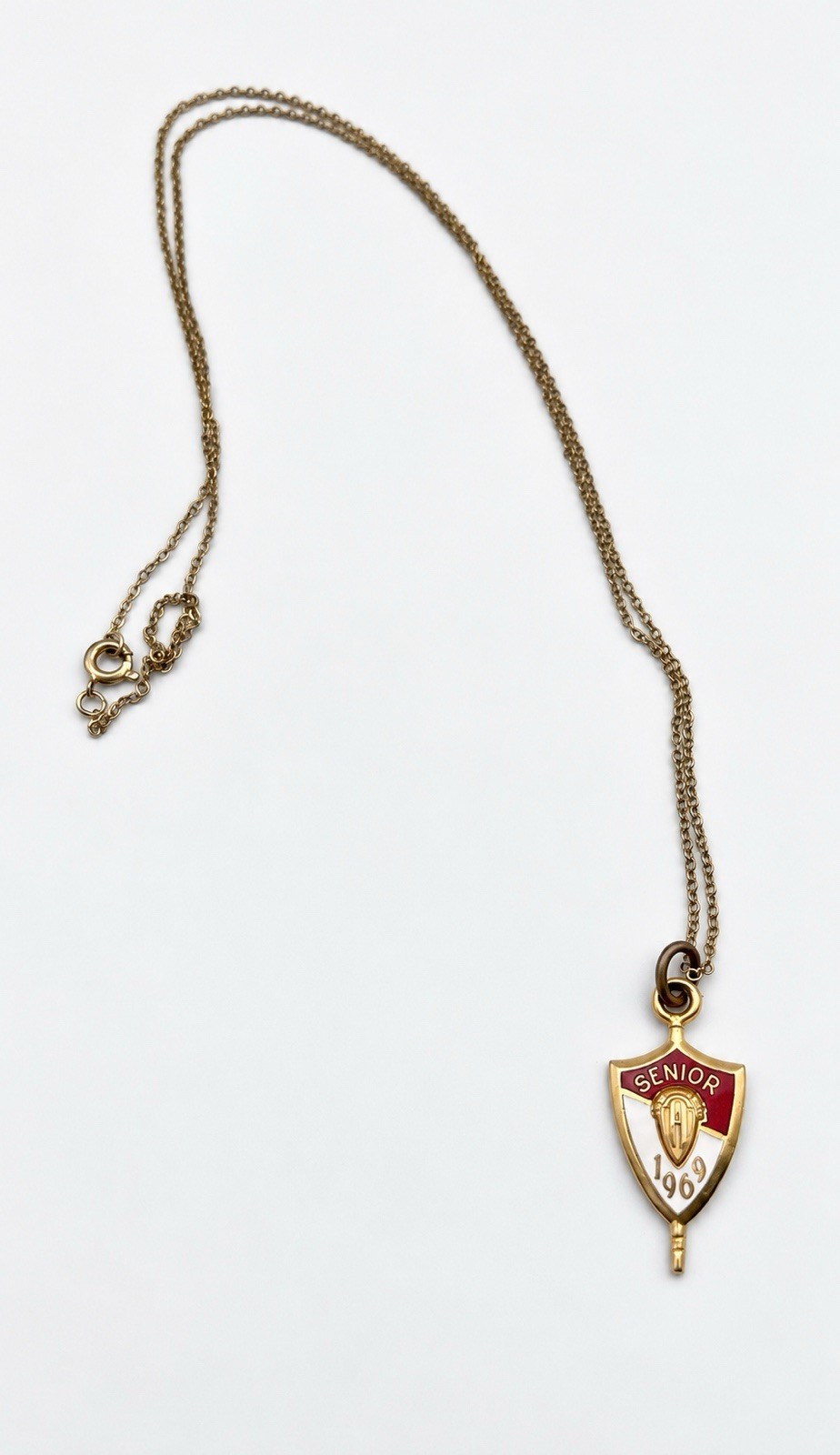 Vintage 1969 Jostens Senior Class Pendant Necklace Gold Tone Red White Enamel