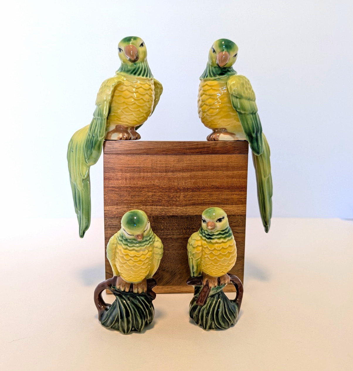 VTG Ceramic Arts Studio, MCM Hand Painted Parrots, Polly, Pete, Chirp, Twirp