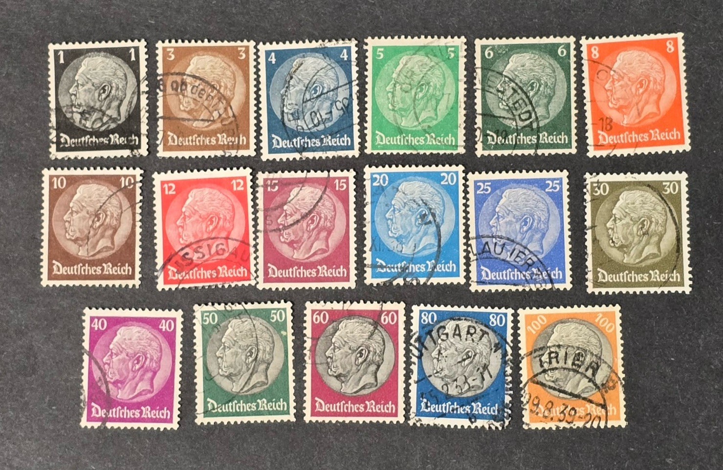 WWII WW2 Third Reich Germany Hindenburg Stamp Complete Set Of 17 Used Stamps