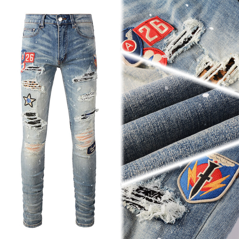 Men's Vintage Distressed Stretch Denim Skinny Jeans with Patches and Studs Men's Vintage Distressed Stretch Denim Skinny Jeans with Patches and Studs