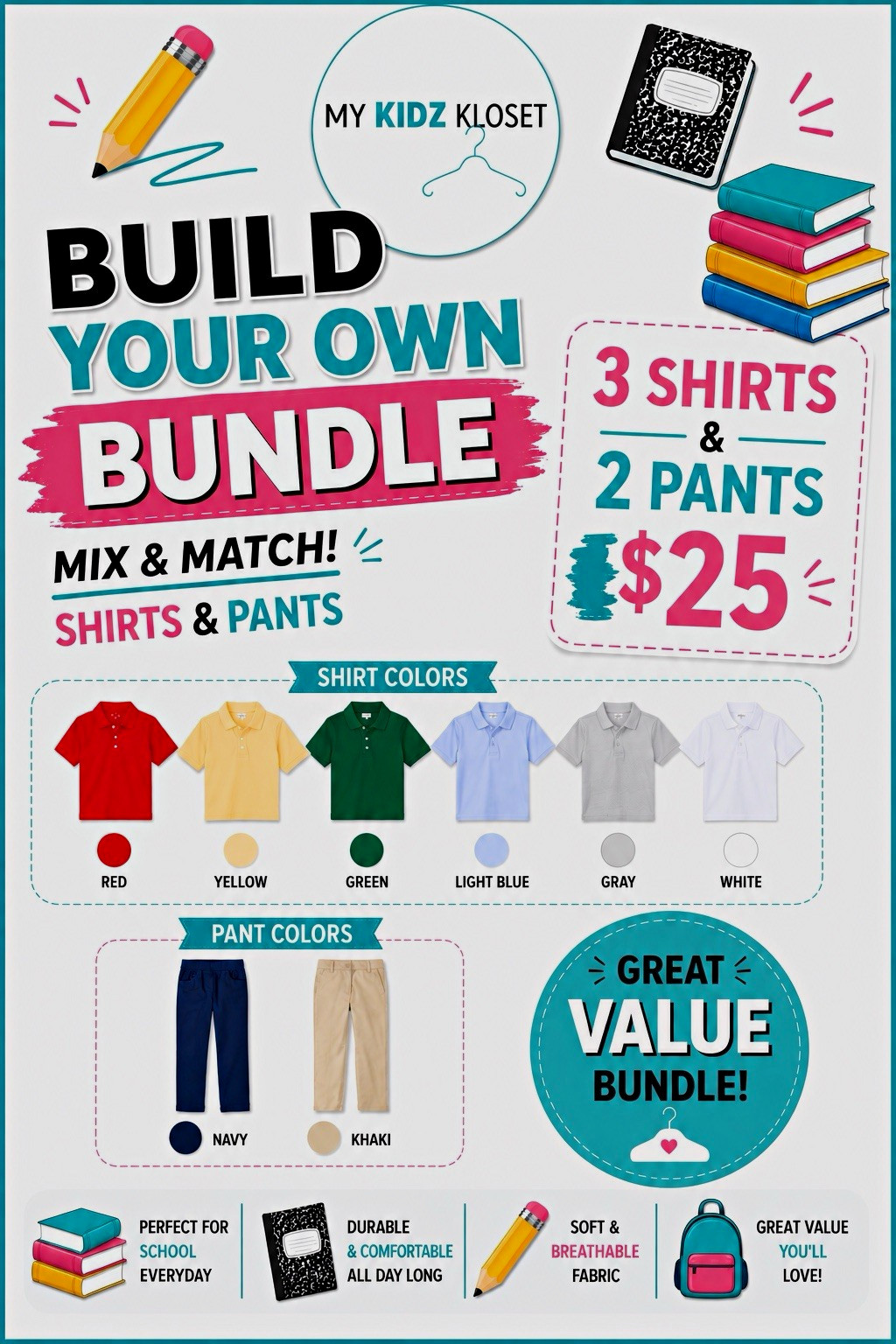 Build your Own Wonder Nation Uniform Bundle 3 Polo Shirts 2 Pants