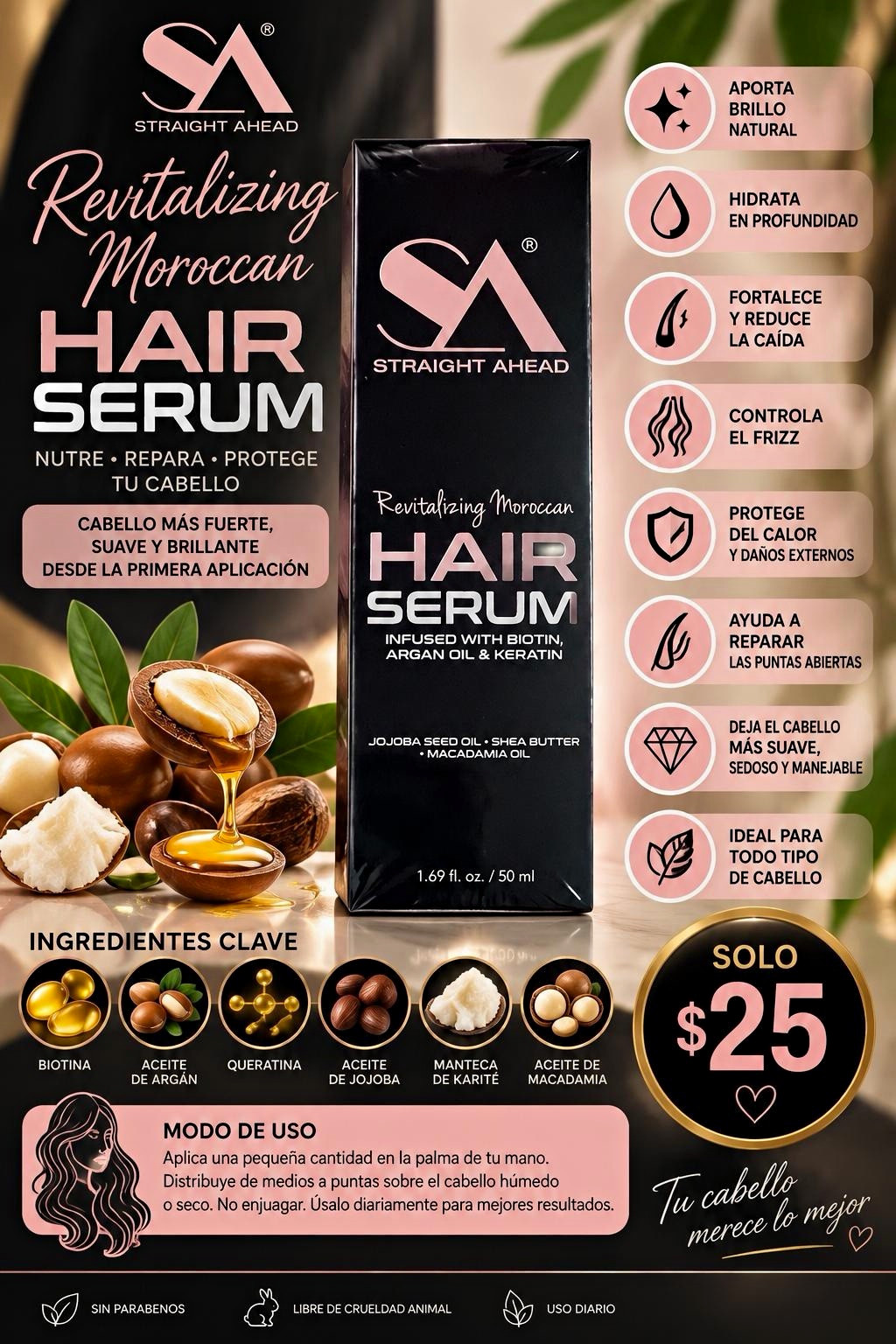 Straight Ahead Revitalizing Moroccan Hair Serum Argan Keratin Biotin 1.69oz