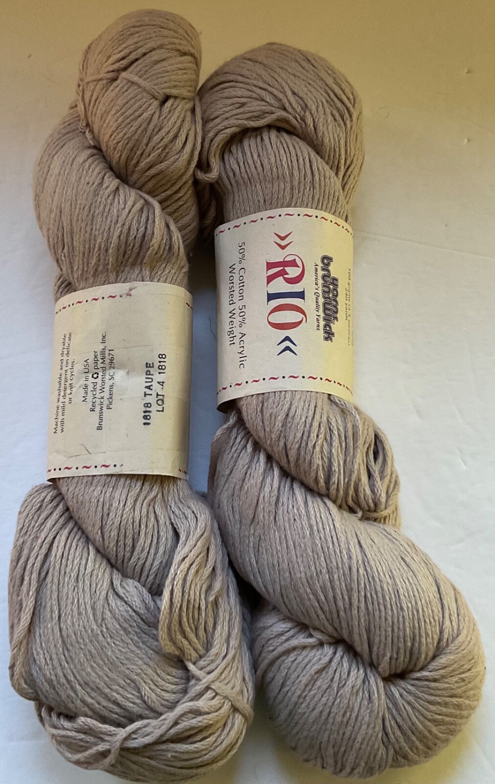 Brunswick New Rio Cotton/Acrylic Yarn Lot of 2 Taupe 1818 Machine Wash Brunswick New Rio Cotton/Acrylic Yarn Lot of 2 Taupe 1818 Machine Wash