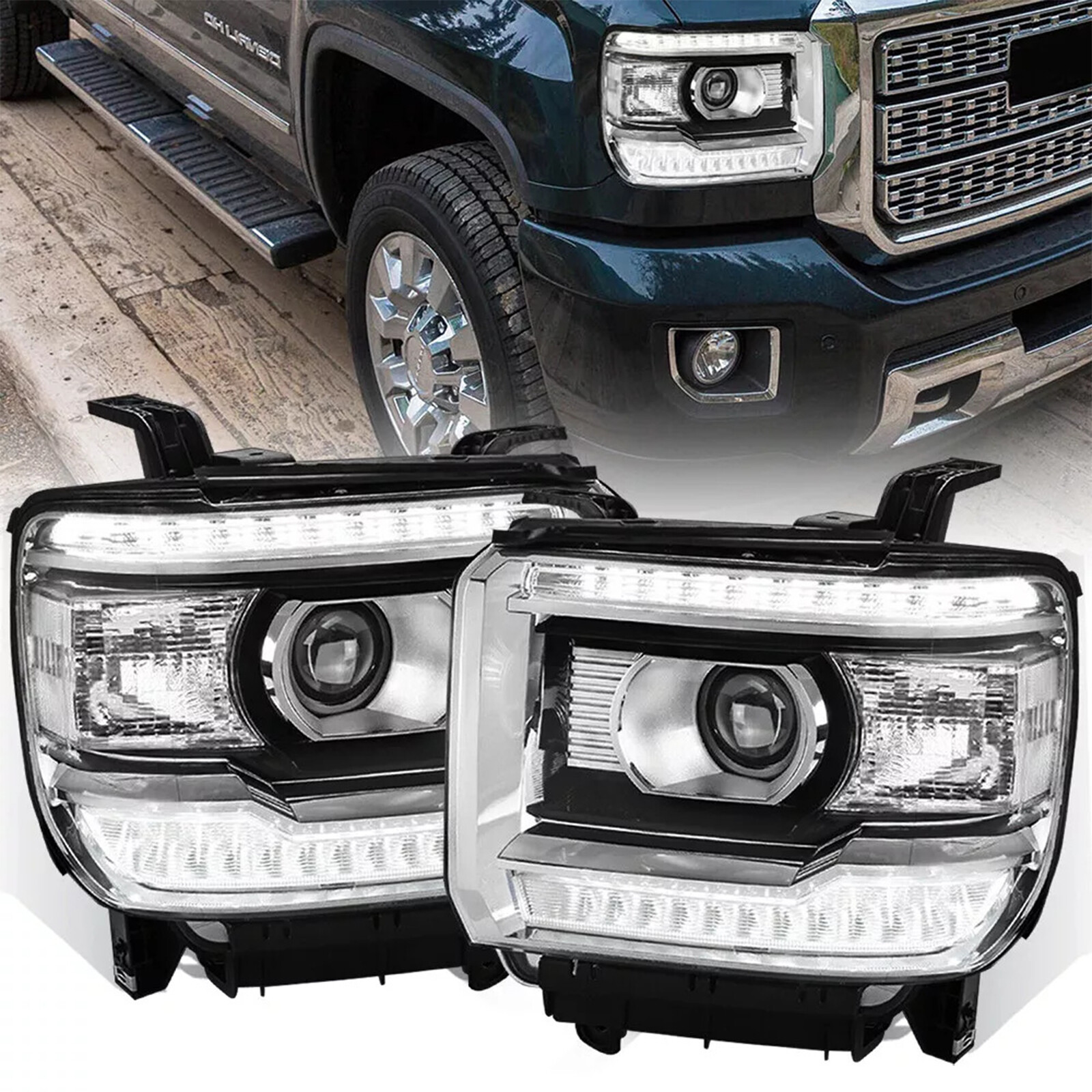 Clear Fits 2014-2019 GMC Sierra 1500 2500HD Projector Headlights Lamps LED Strip