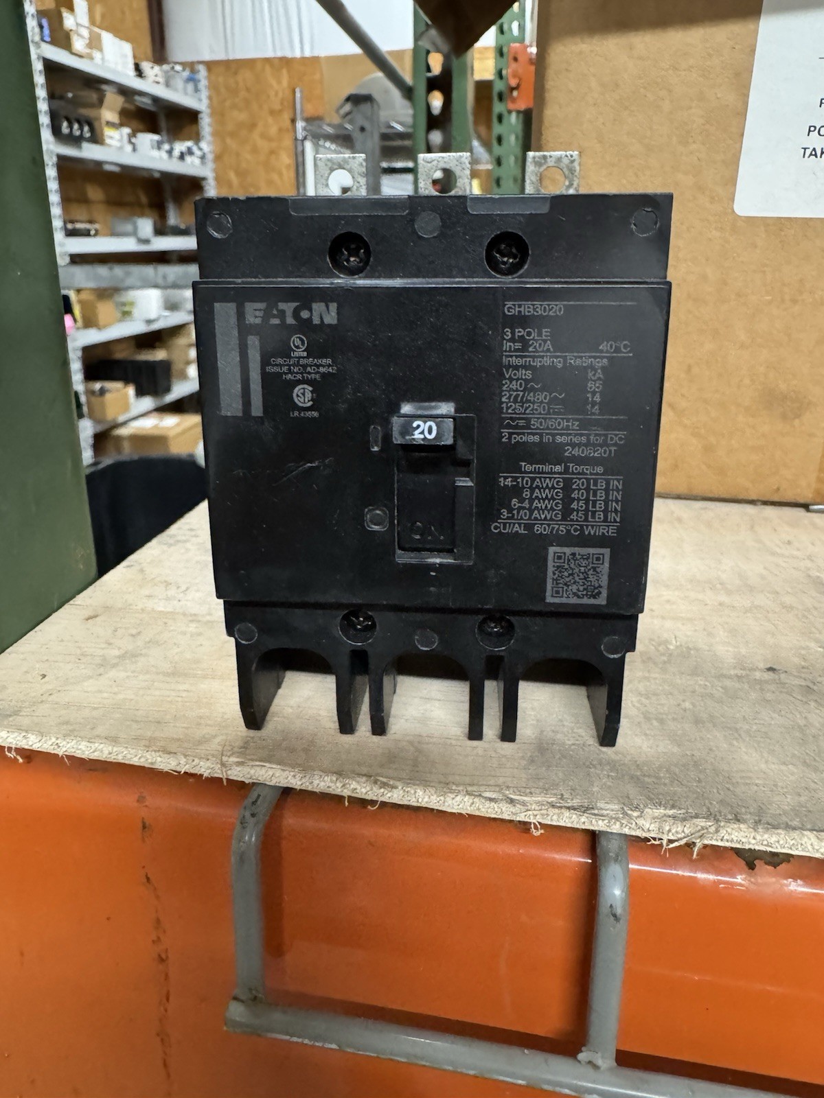 Eaton GHB3020 Circuit Breaker, 20A, 3P, 277/480 VAC, 125/250 VDC, GHB, 14 kAIC