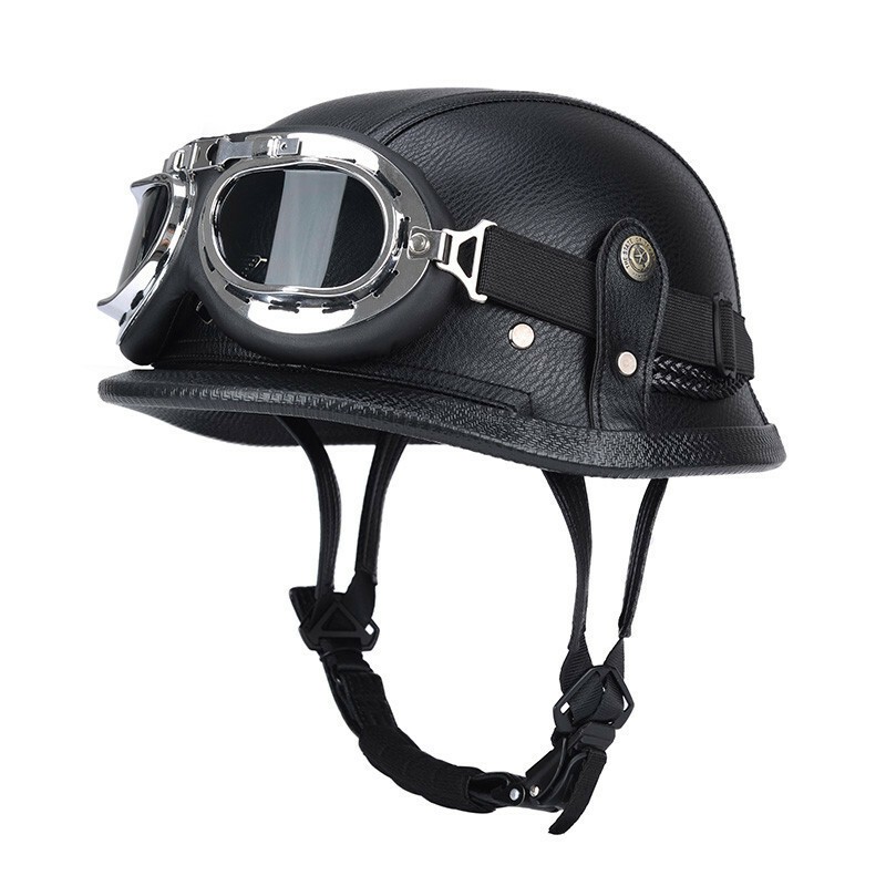 Retro German Leather Half Helmet Motorcycle Windproof Glasses Unisex Helmet