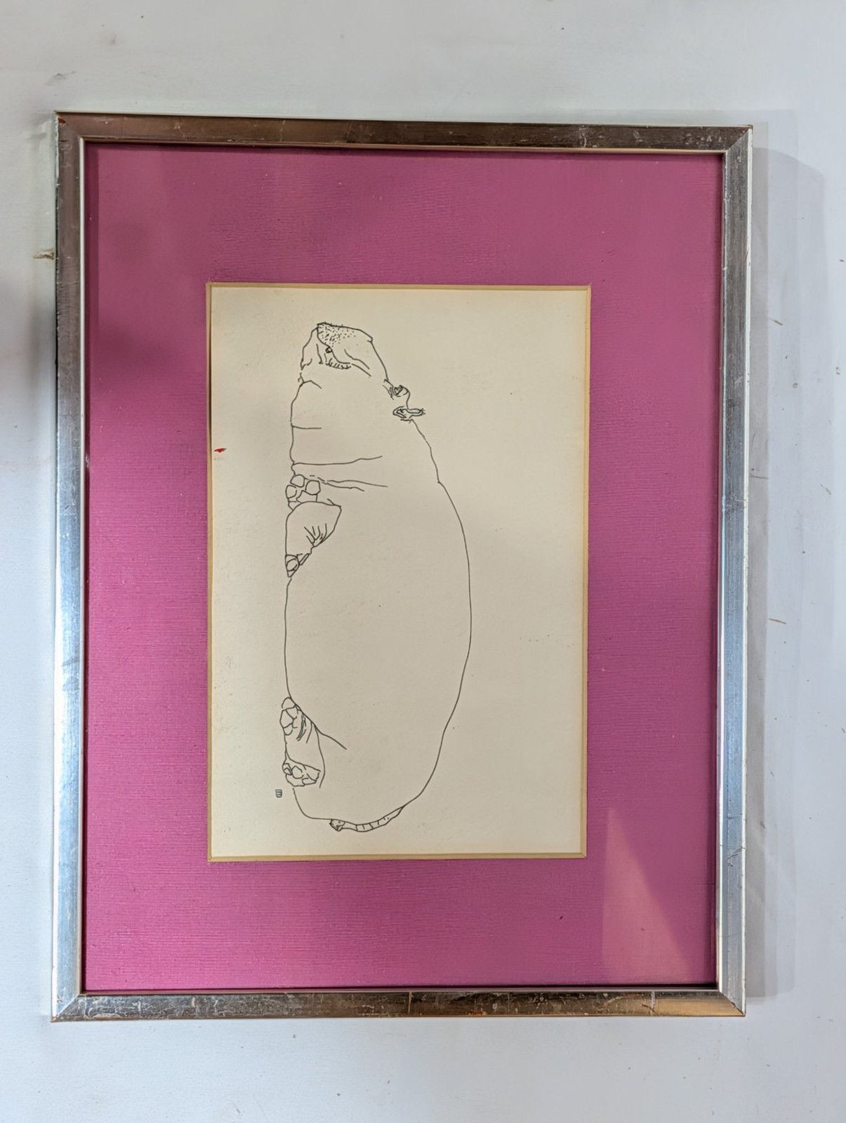 Hippopotamus Minimalist Line Art Ink Drawing Framed Pink Mat Silver Tone 8in