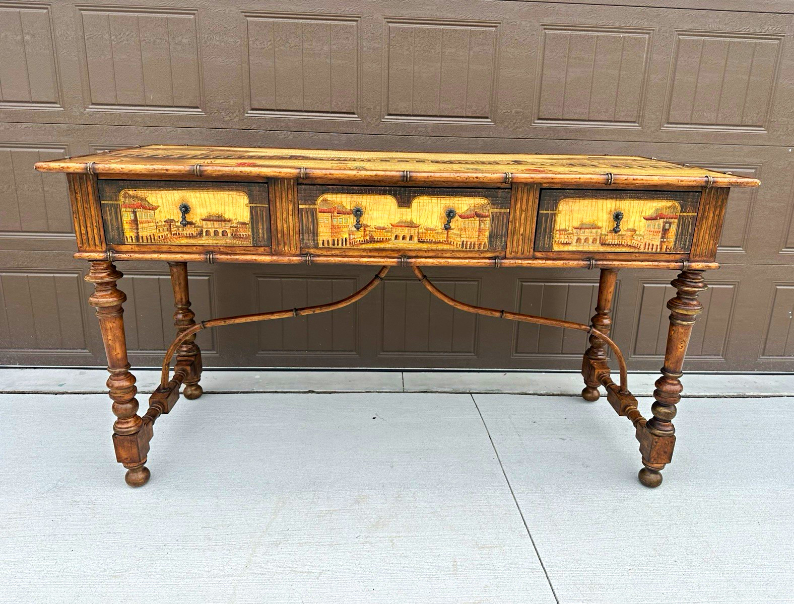 Antique Chinoserie Jacobean hand painted Desk console server