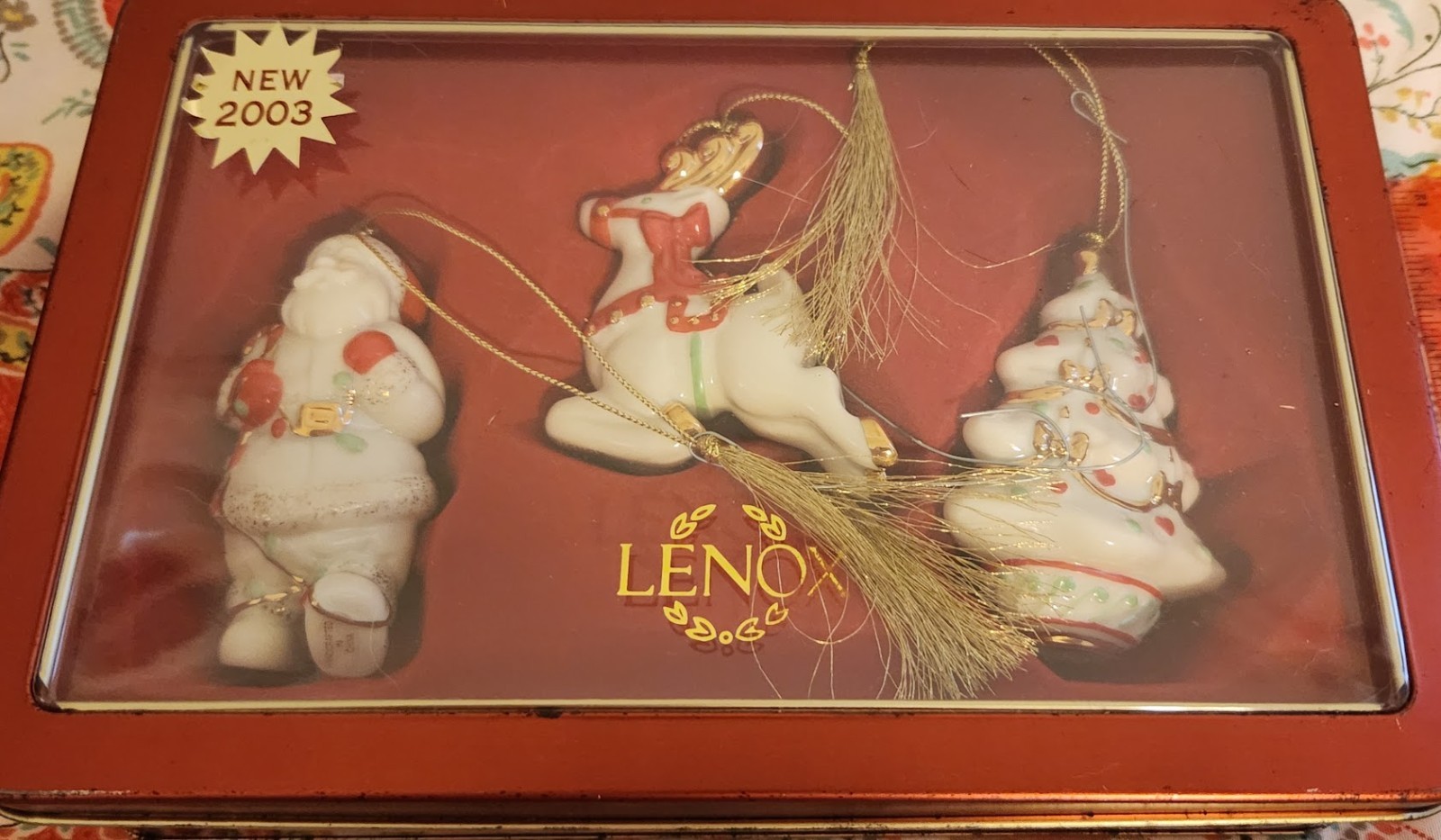 Vtg Lenox Santa Reindeer Tree Ornaments Tin Box Set of 3 Collectibles 2003