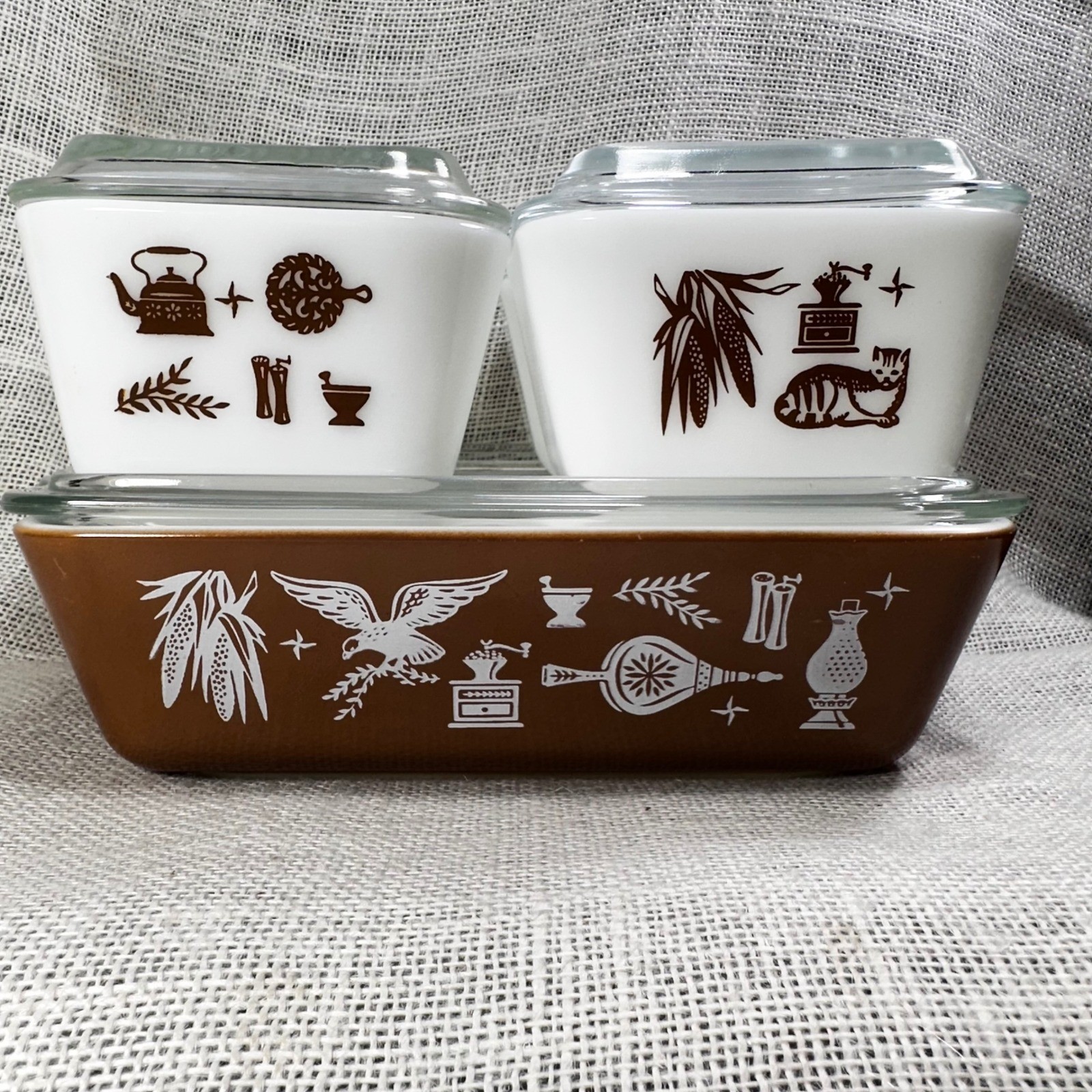 Vintage Pyrex Early American Refrigerator Set 501 502 503 Milk Glass Brown Gold