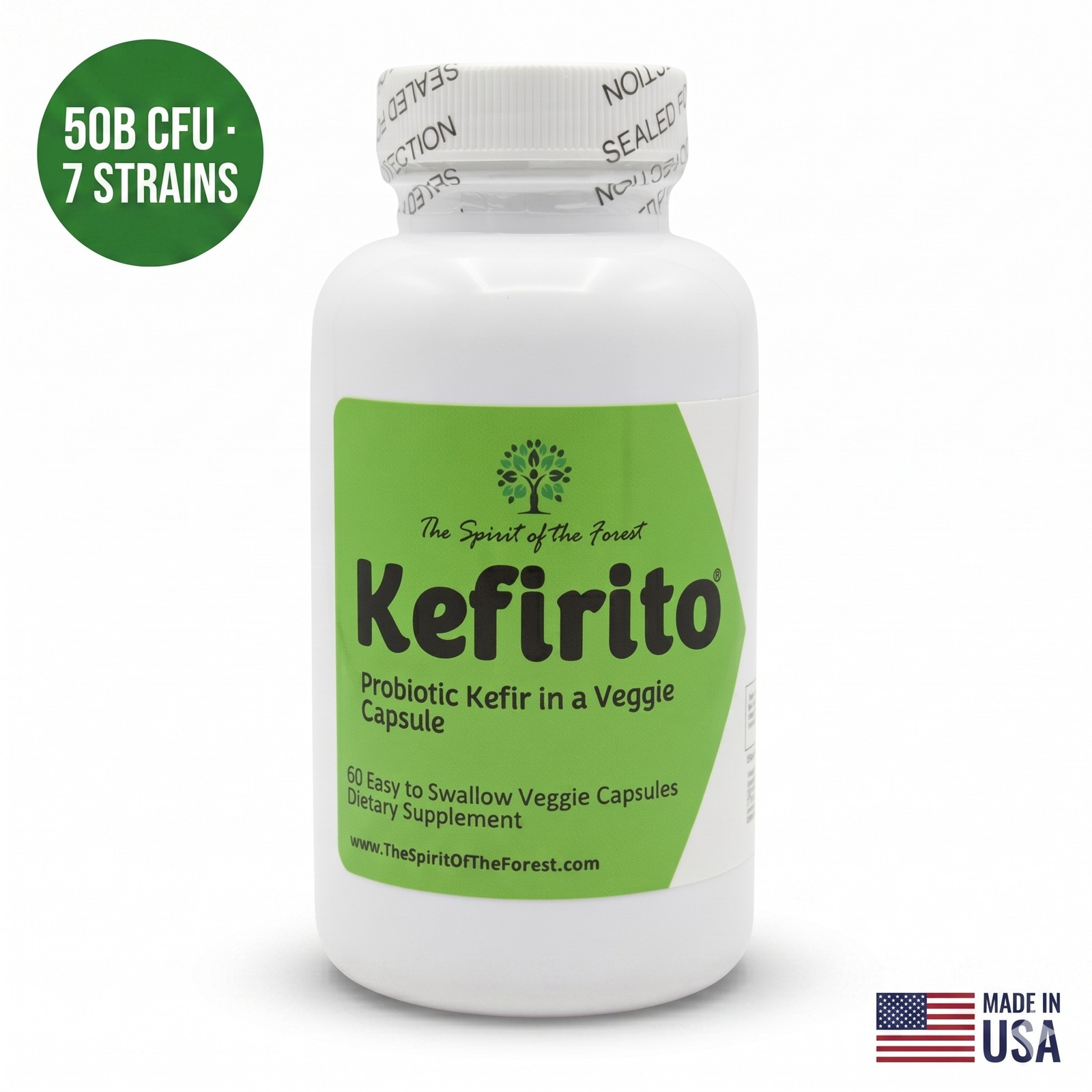 Pure Kefir Probiotic: 50B CFU, 7 Strains, Kefiran, Enzymes, Kefirito Capsules