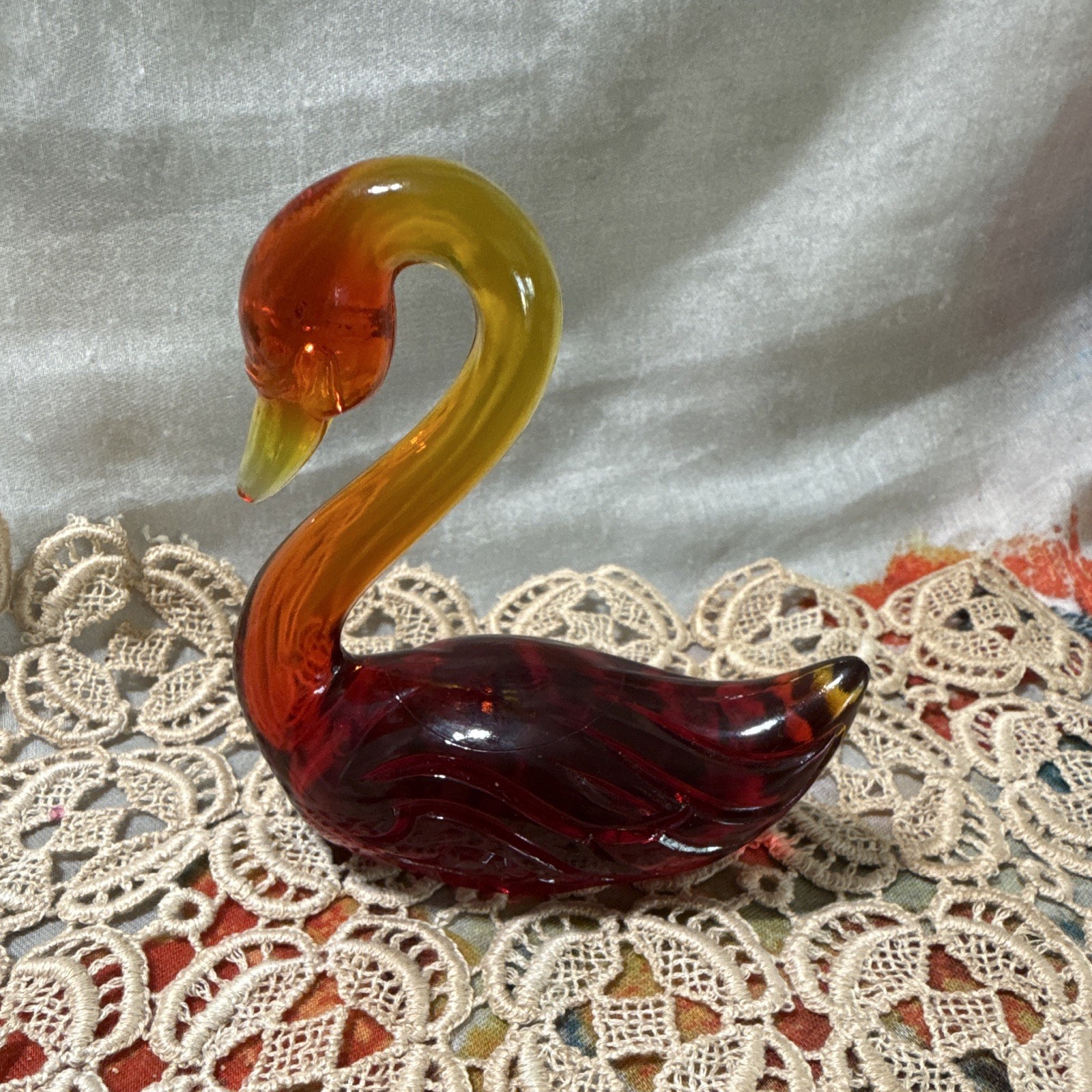 Vintage Fenton Amberina Glass Swan Open Back Figurine Dish Raised Oval Logo Mark