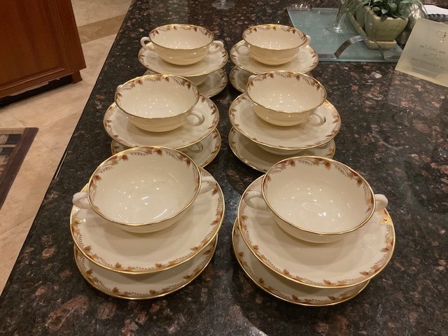 Sets of 4 - GORGEOUS Lenox Essex Maroon & Gold Flat Cream Soup Bowl & Saucer