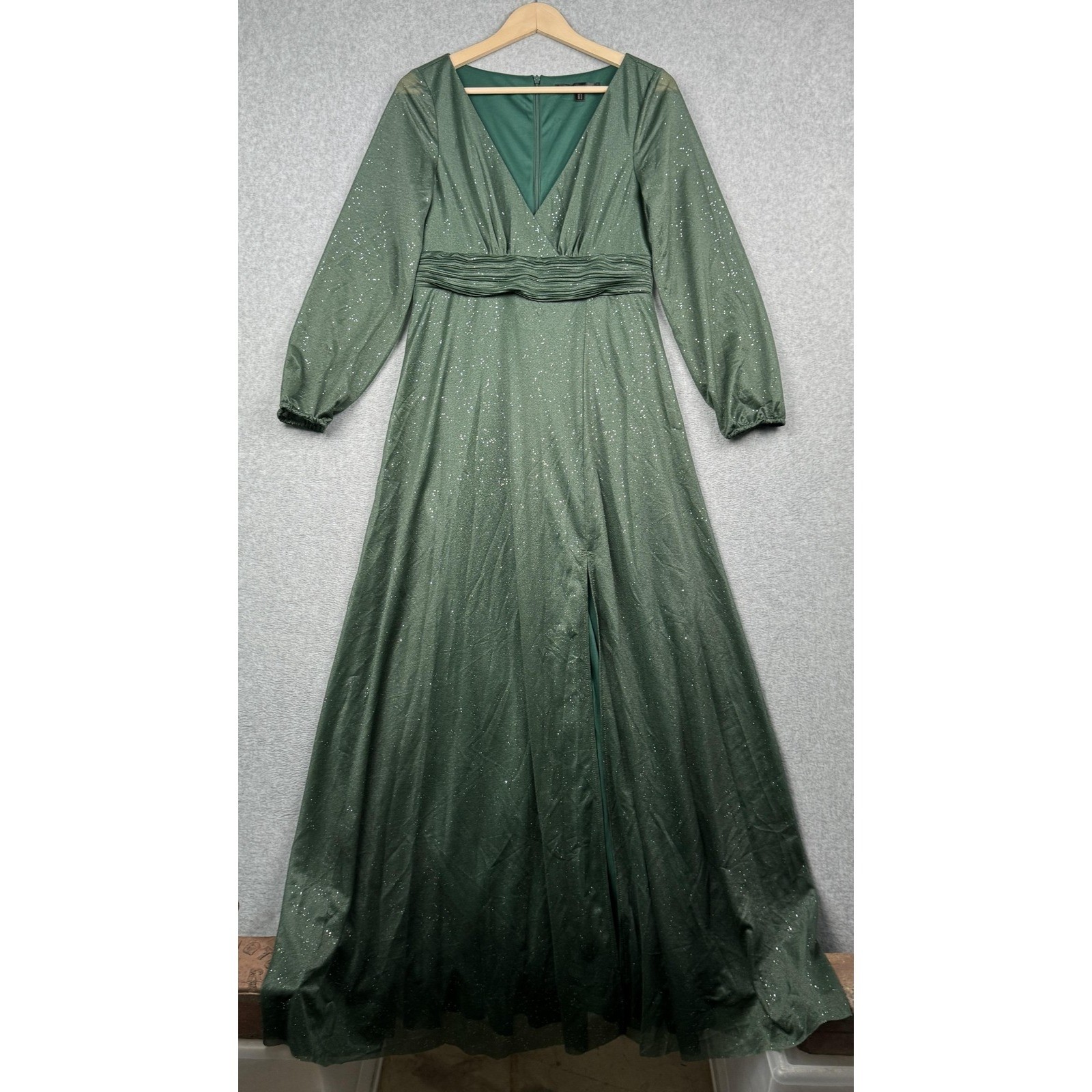 Ever Pretty Maxi Dress Women 10 Green Glitter V Neck Long Sleeve Front Slit Gown