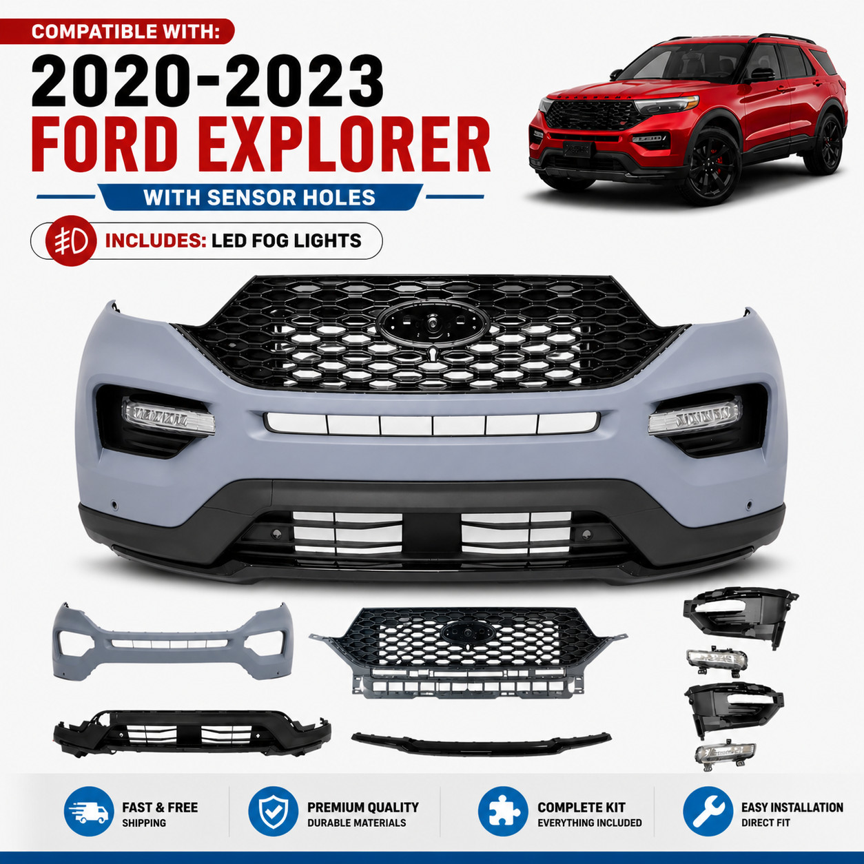 for 2020 2021 2022 2023 FORD EXPLORER ST FRONT BUMPER GRILLS LED FOG LIGHTS
