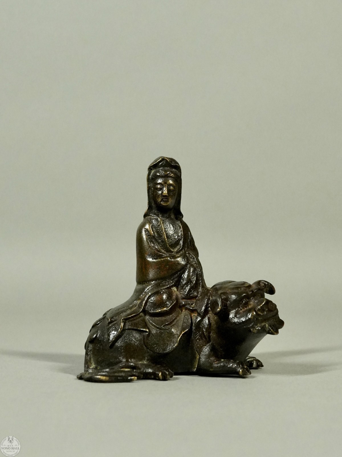 Antique 17th C. Qing Dynasty Chinese Bronze Figure of Guanyin Seated on A Lion