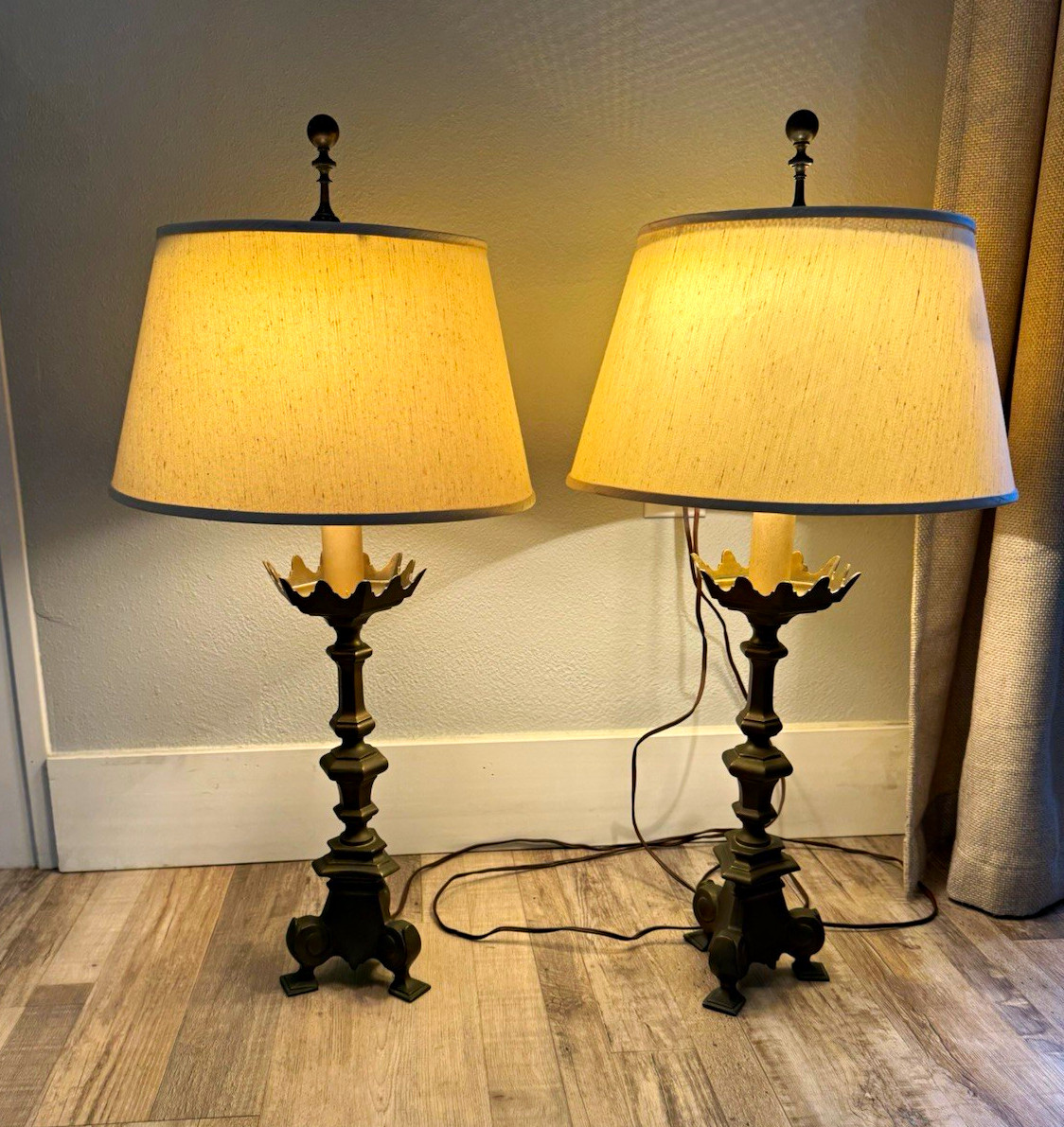 Vintage Pair Norman Perry Brass Candlestick Table Lamps - Gothic Double Socket