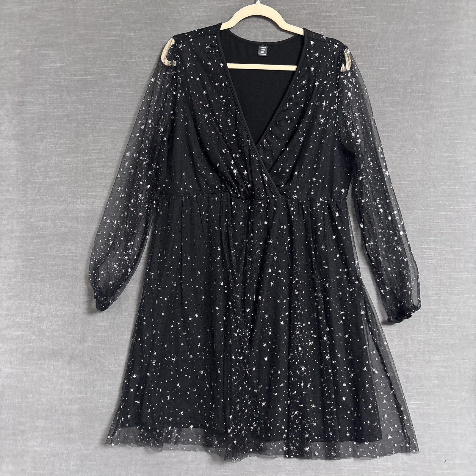 SheIn Curve Dress 2XL Black Star Mesh Wrap Celestial Glitter Party Witch Goth