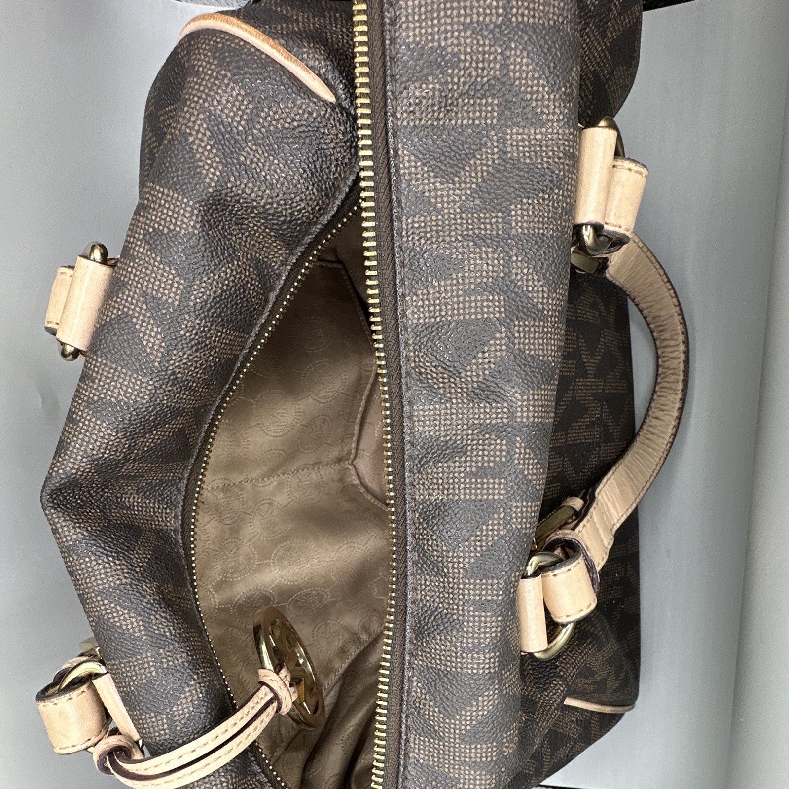 Michael Kors Brown Monogram Canvas Leather Satchel Zip Top Handle w/ Charm