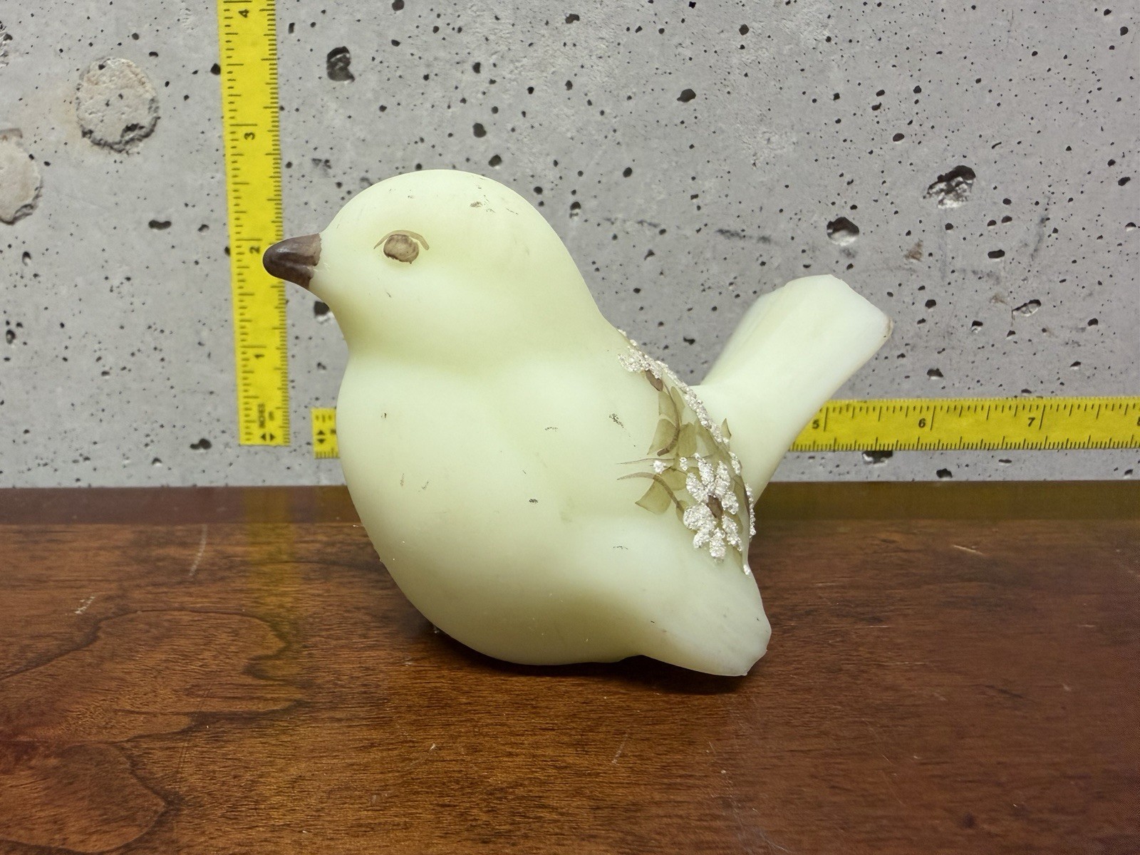 Vintage Fenton Satin Custard Glass Bird Figurine Florals Signed Small Chip READ*