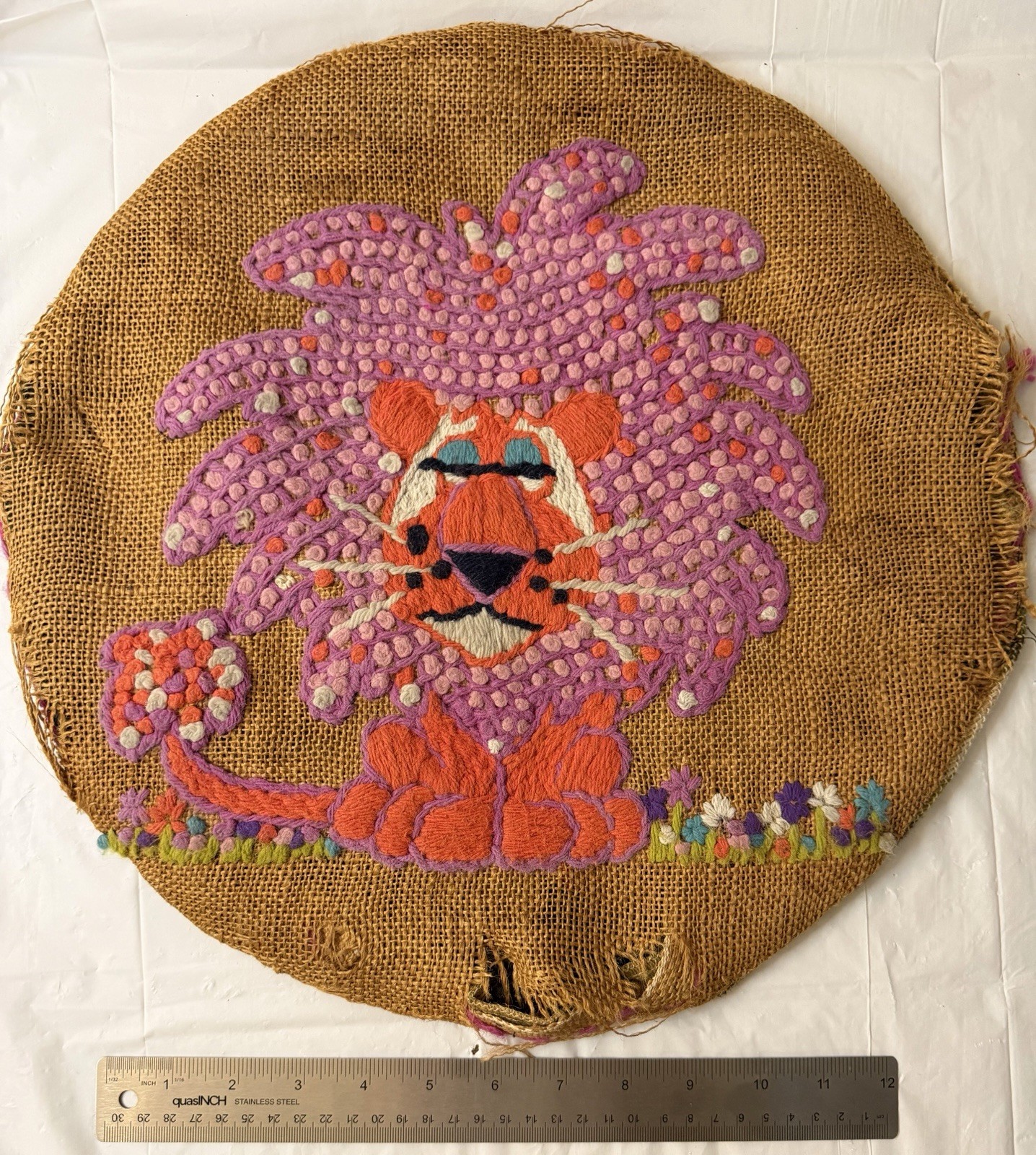Vintage Paragon Groovy Lion Crewel Embroidery Burlap 60s 70s MCM Boho