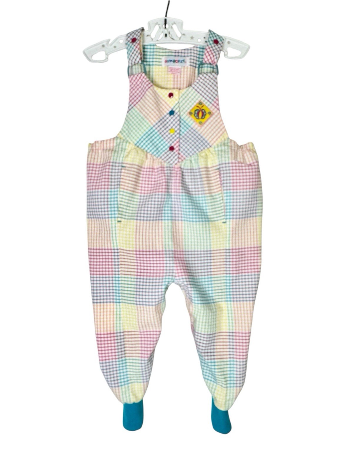 Vtg Gymboree Rainbow Tag Checkered Cotton Overall Romper Pink Yellow Teal Sz S