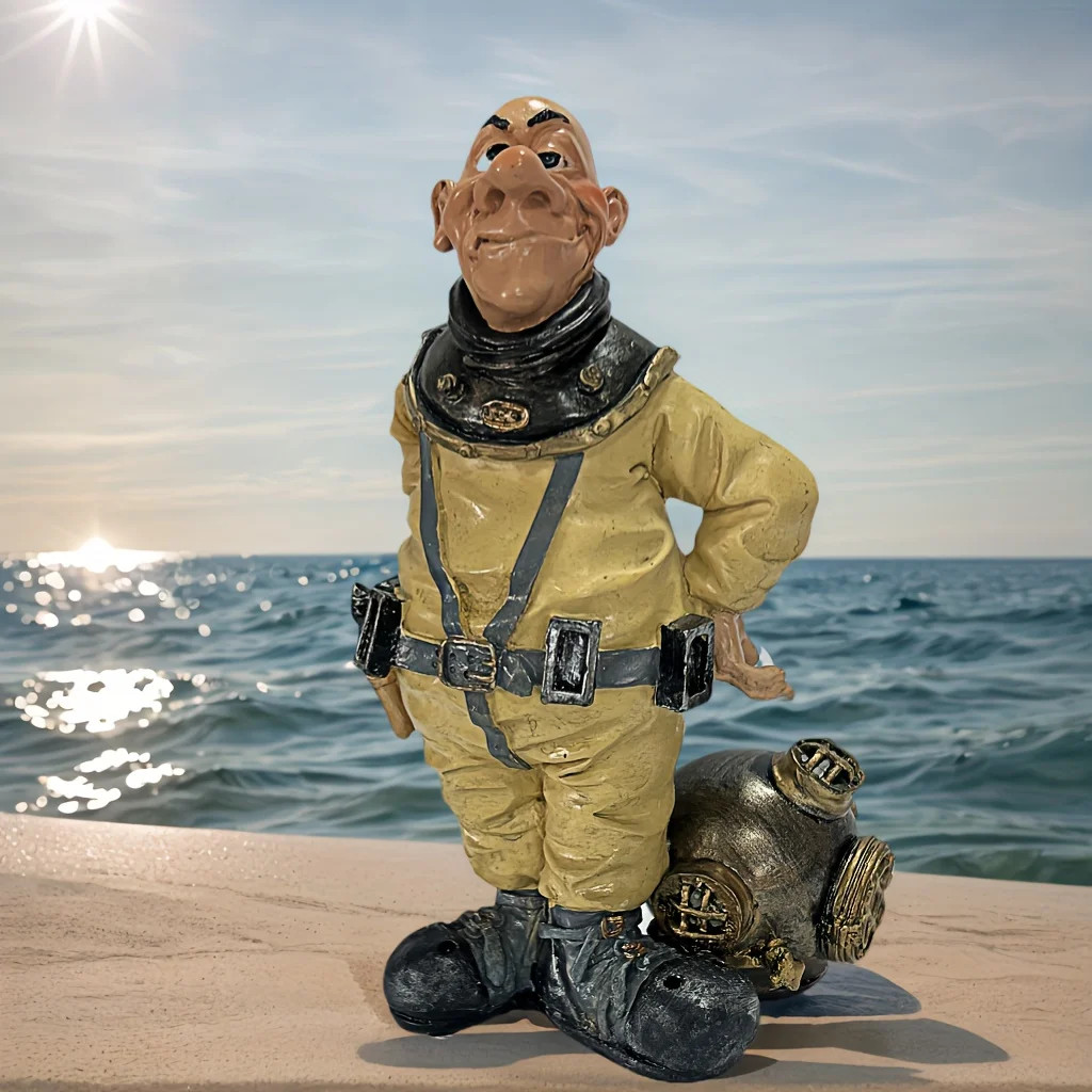 Vintage Diver Statue Handmade Resin Deep Sea Ocean Decor Retro Yellow Black