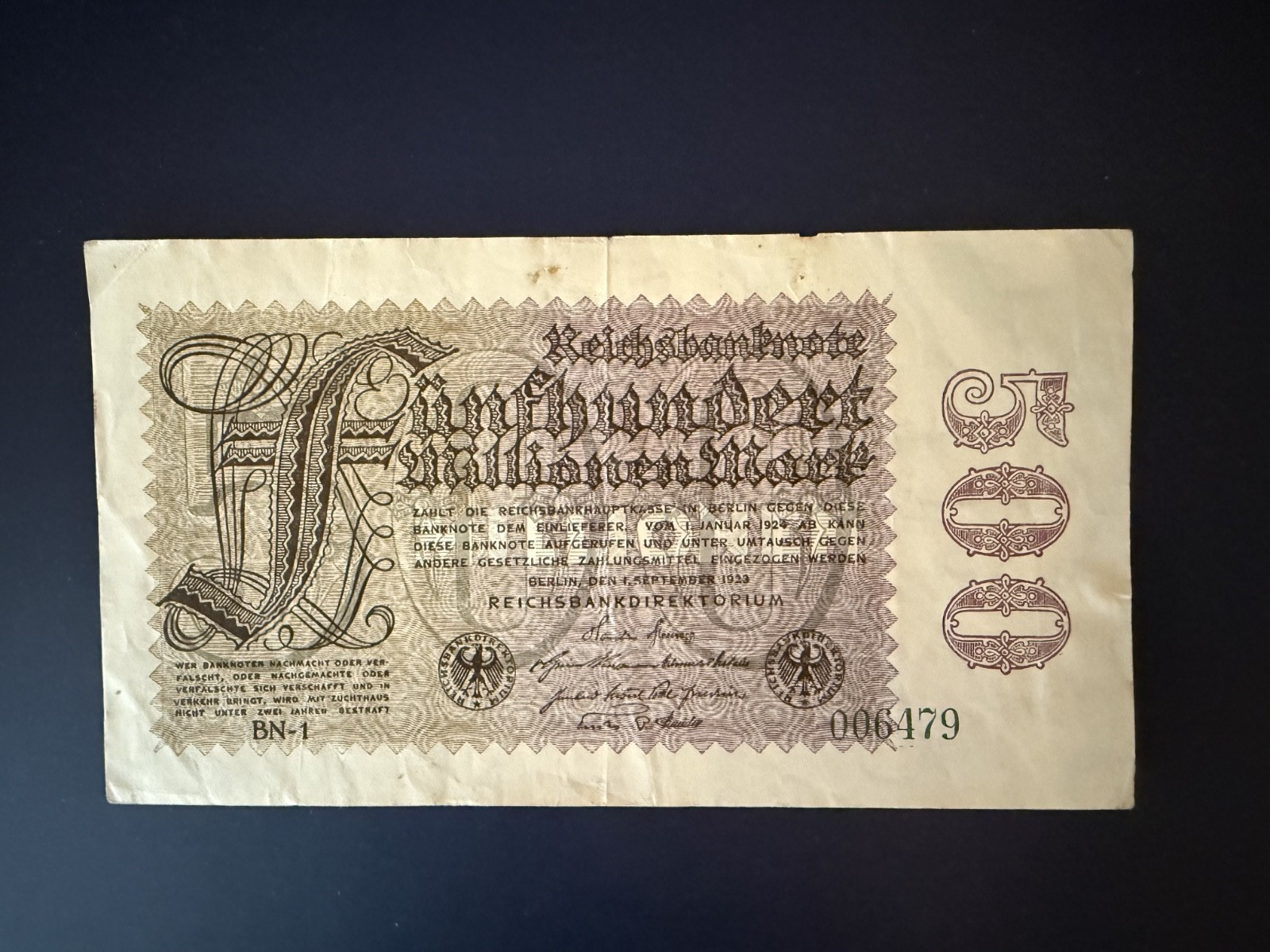 1923 GERMAN 500,000,000 MARK BANKNOTE P110