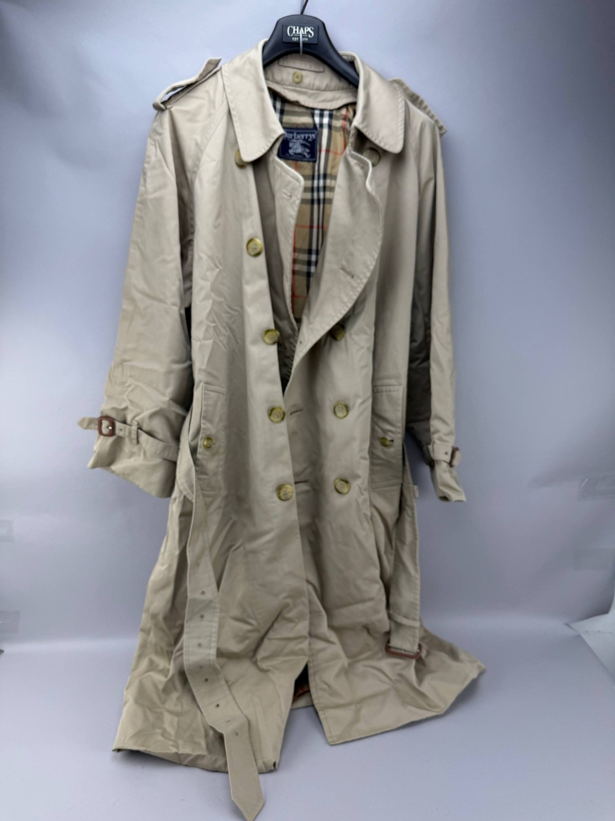 Vintage Burberrys London Mens Beige Double Breasted Belted Trench Coat Size 44R