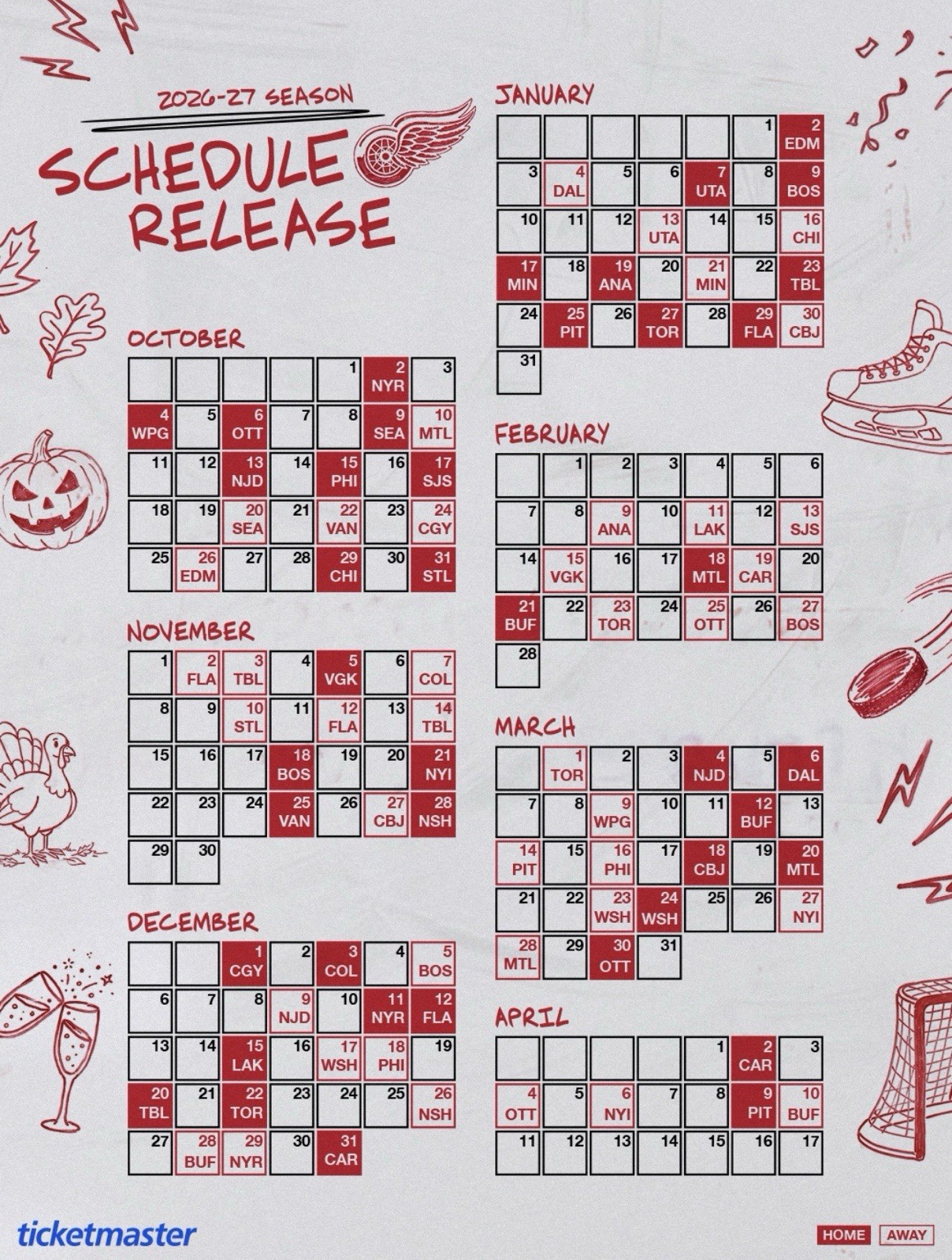 Detroit Red Wings 2026-27 Hockey Schedule Magnet 6.7x8.7 NHL Laminated