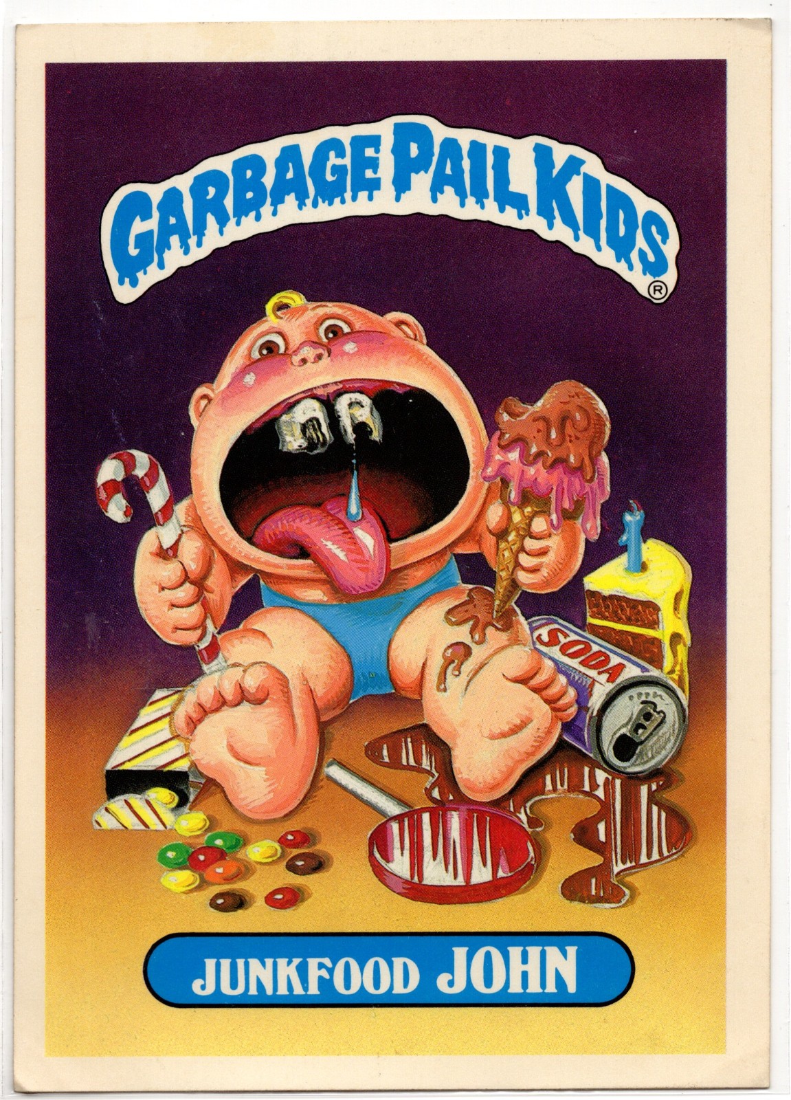 Vintage 1986 Topps Garbage Pail Kid JUNKFOOD JOHN Sticker Collector Card #2 Vintage 1986 Topps Garbage Pail Kid JUNKFOOD JOHN Sticker Collector Card #2
