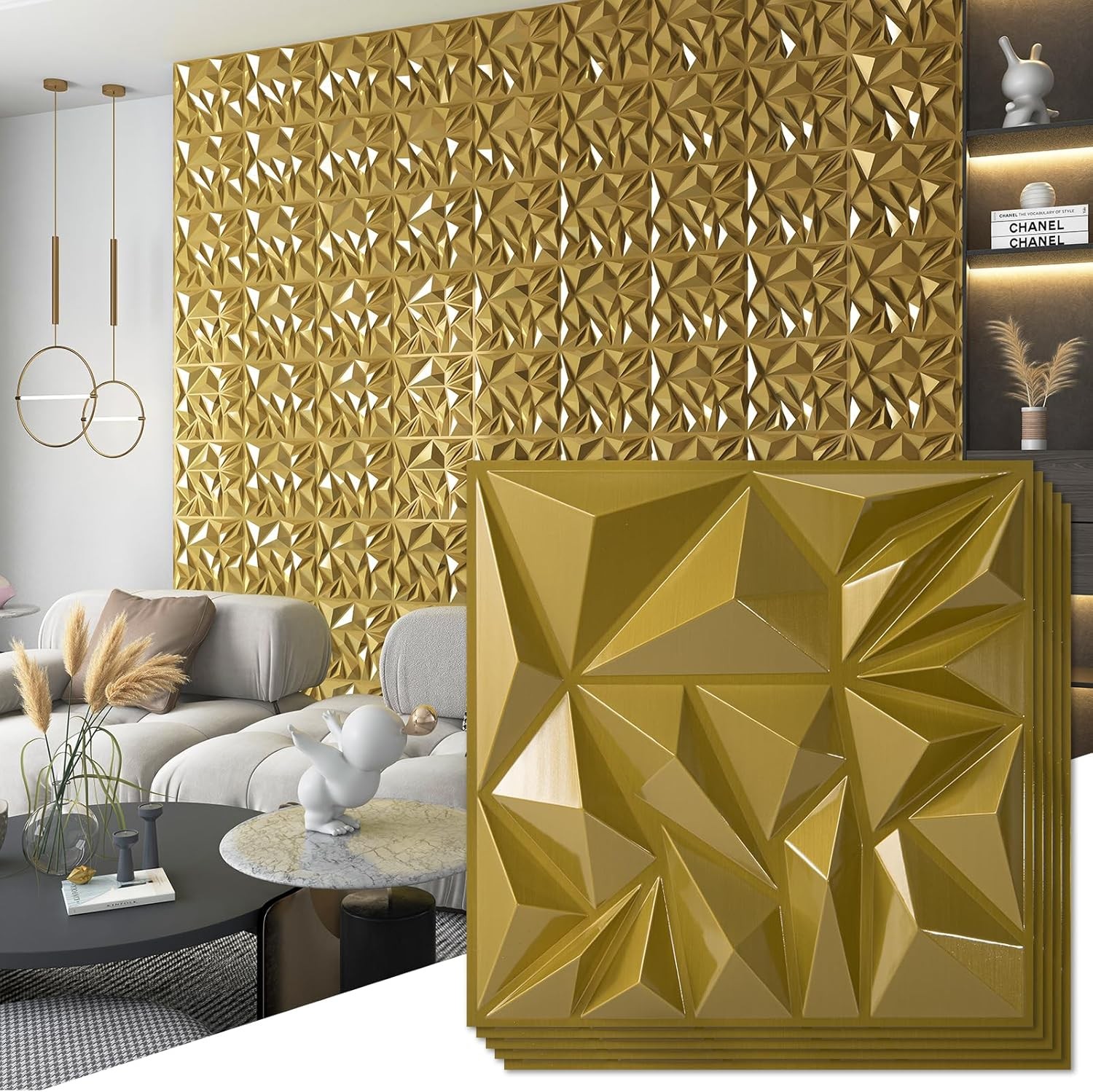 Art3d 33-Pack 3D Wall Panels for Interior Decor, 12x12 Inch, Gold 
