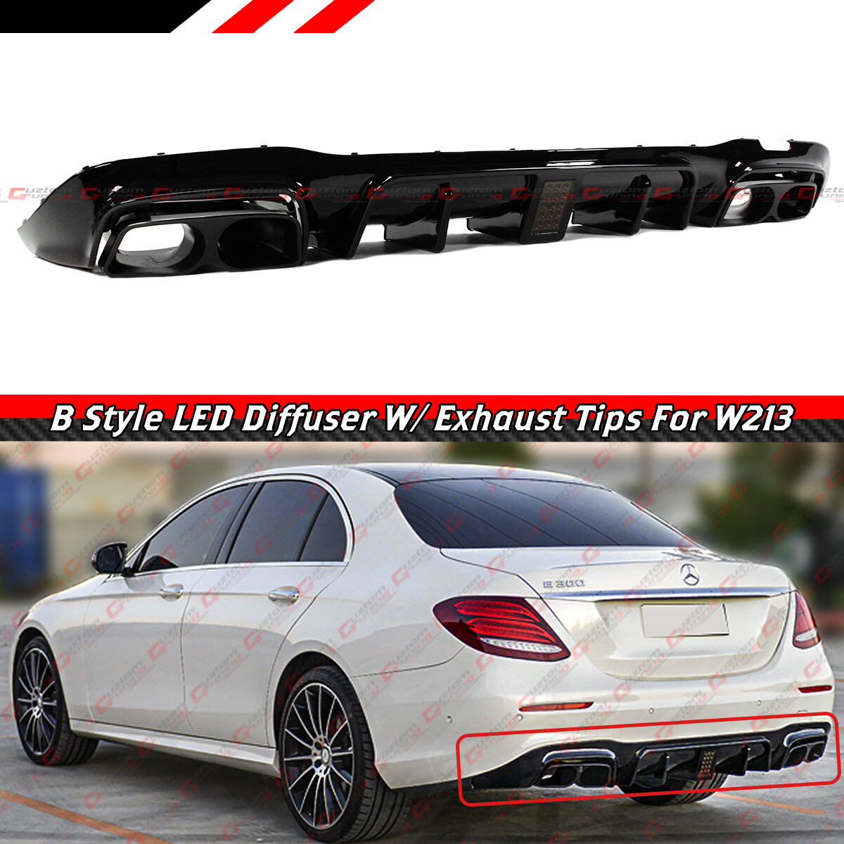 FOR 17-20 BENZ W213 E-CLASS B STYLE SMOKE LED BUMPER DIFFUSER+BLACK EXHAUST TIPS FOR 17-20 BENZ W213 E-CLASS B STYLE SMOKE LED BUMPER DIFFUSER+BLACK EXHAUST TIPS