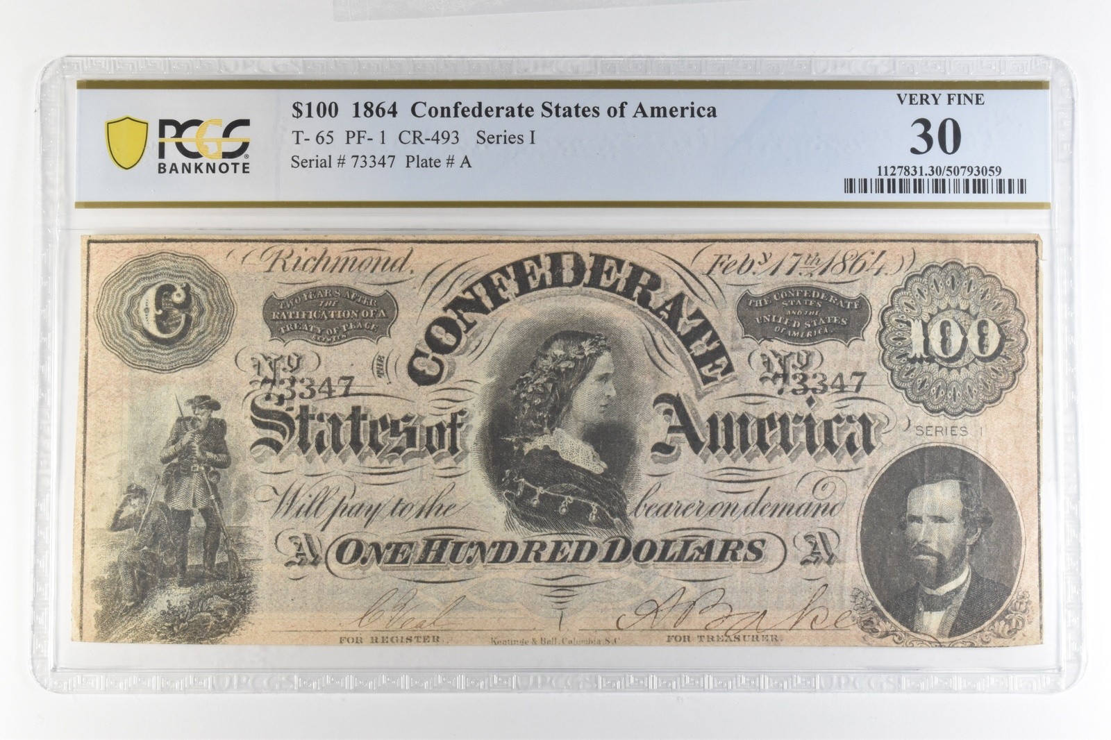 1864 $100 Confederate States Of America T-65 PF-1 CR-493 Very Fine 30 PCGS *4384