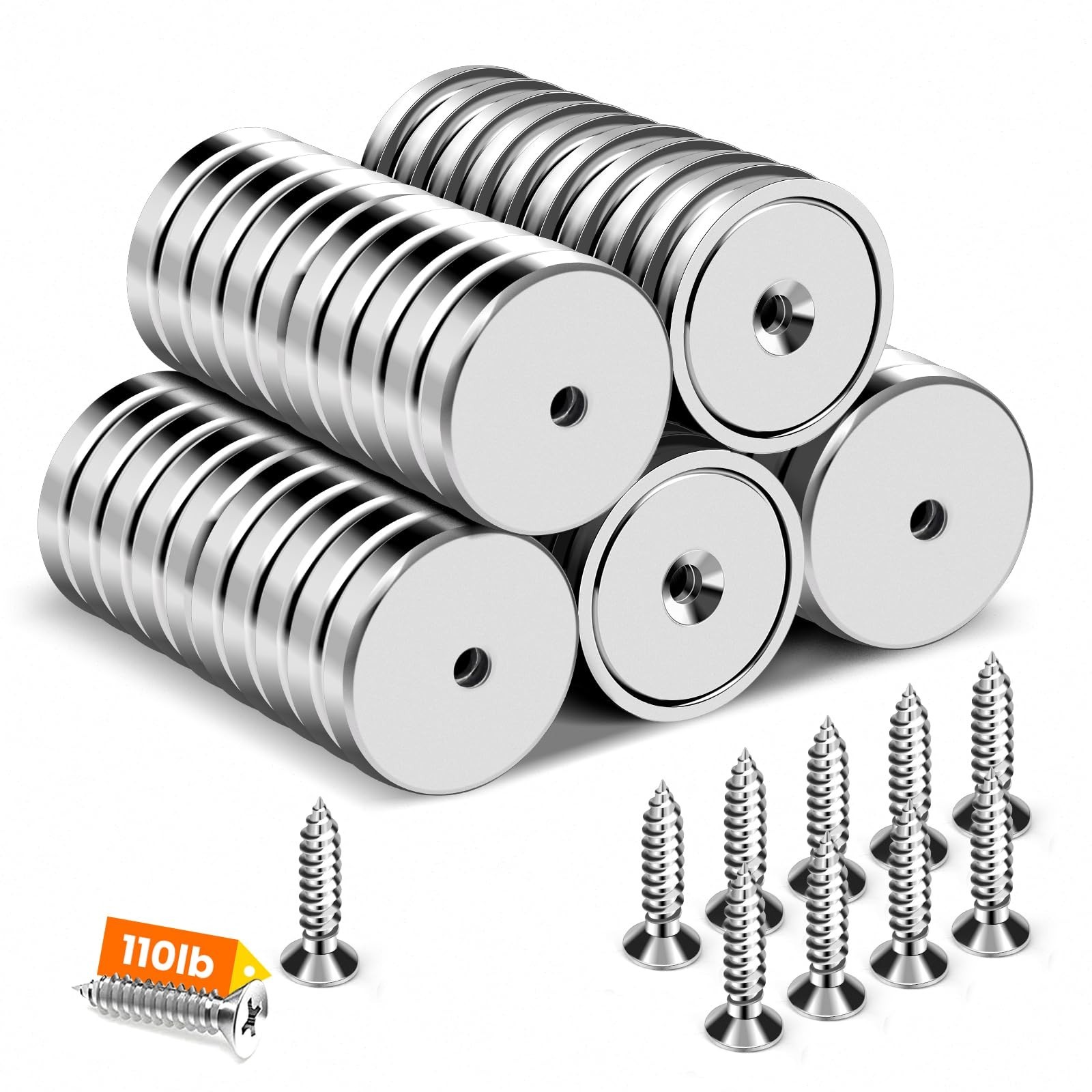 Pack 1.26in Neodymium Cup Magnets 100lb Pull Countersunk Stainless Screws