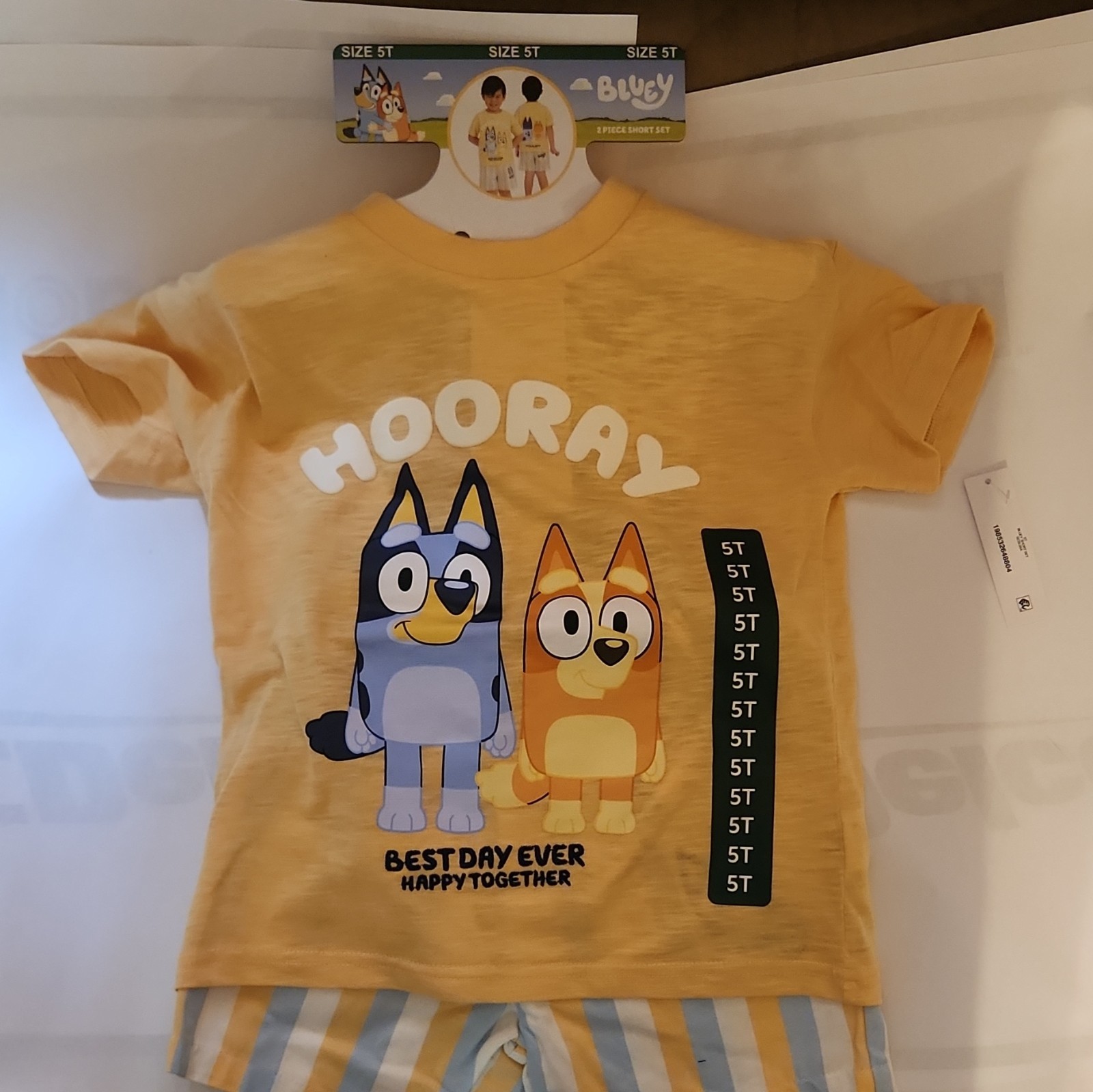 Bluey & Bingo 5T 2-Piece Cotton Jersey Shorts Set Yellow Tee Striped Shorts