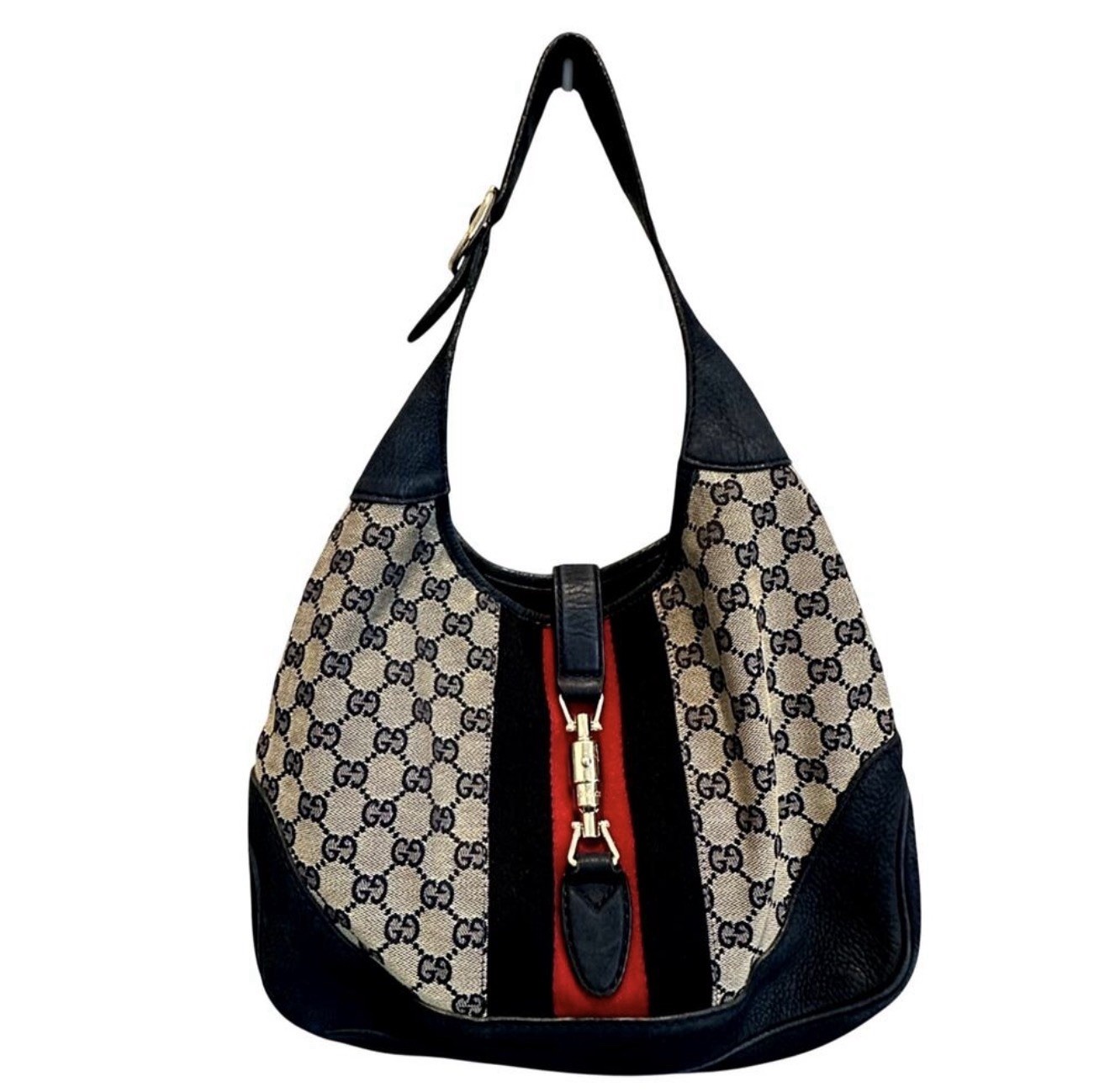 Authentic Gucci Jackie 1961 Monogram Canvas & Navy Blue Suede Vintage Bag Authentic Gucci Jackie 1961 Monogram Canvas & Navy Blue Suede Vintage Bag