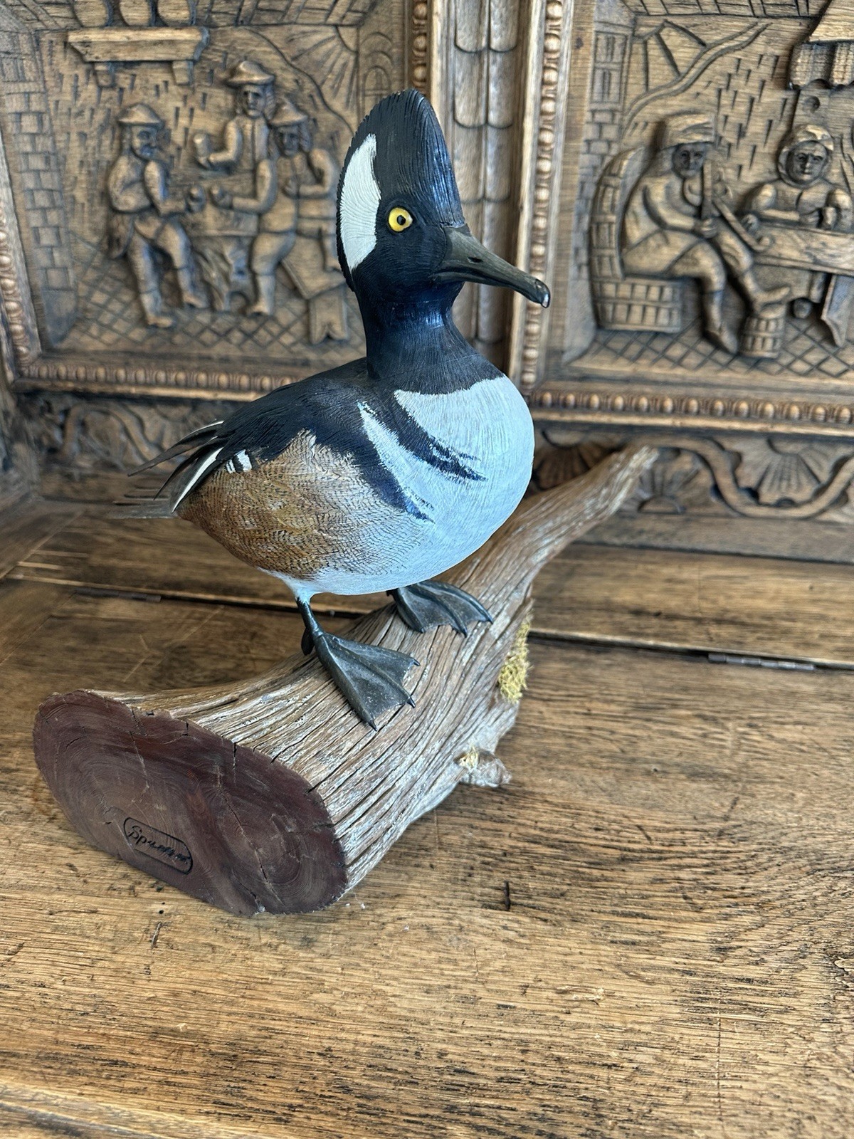 Vintage Hand Carved Wooden Hooded Merganser Duck - Signed By Artist