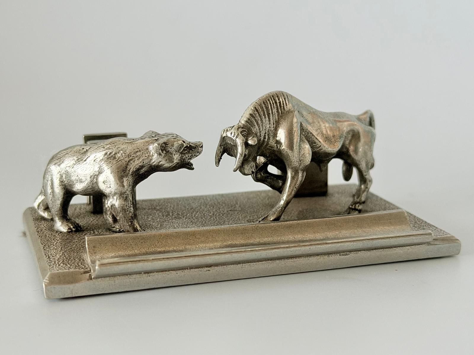 Jac Zagoory Designs Pewter The Battle Bull & Bear Pen & Business Card Holder