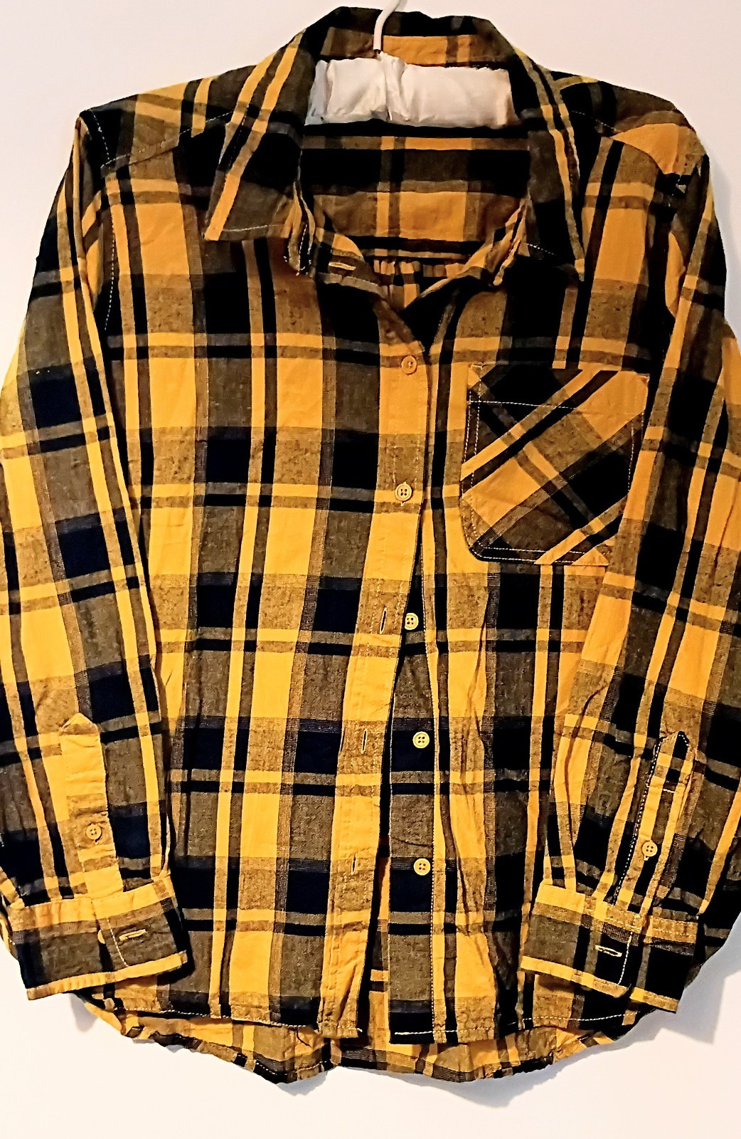 TIME AND TRU Button Up Shirt Women Size L Yellow Black Check Plaid Flannel Top