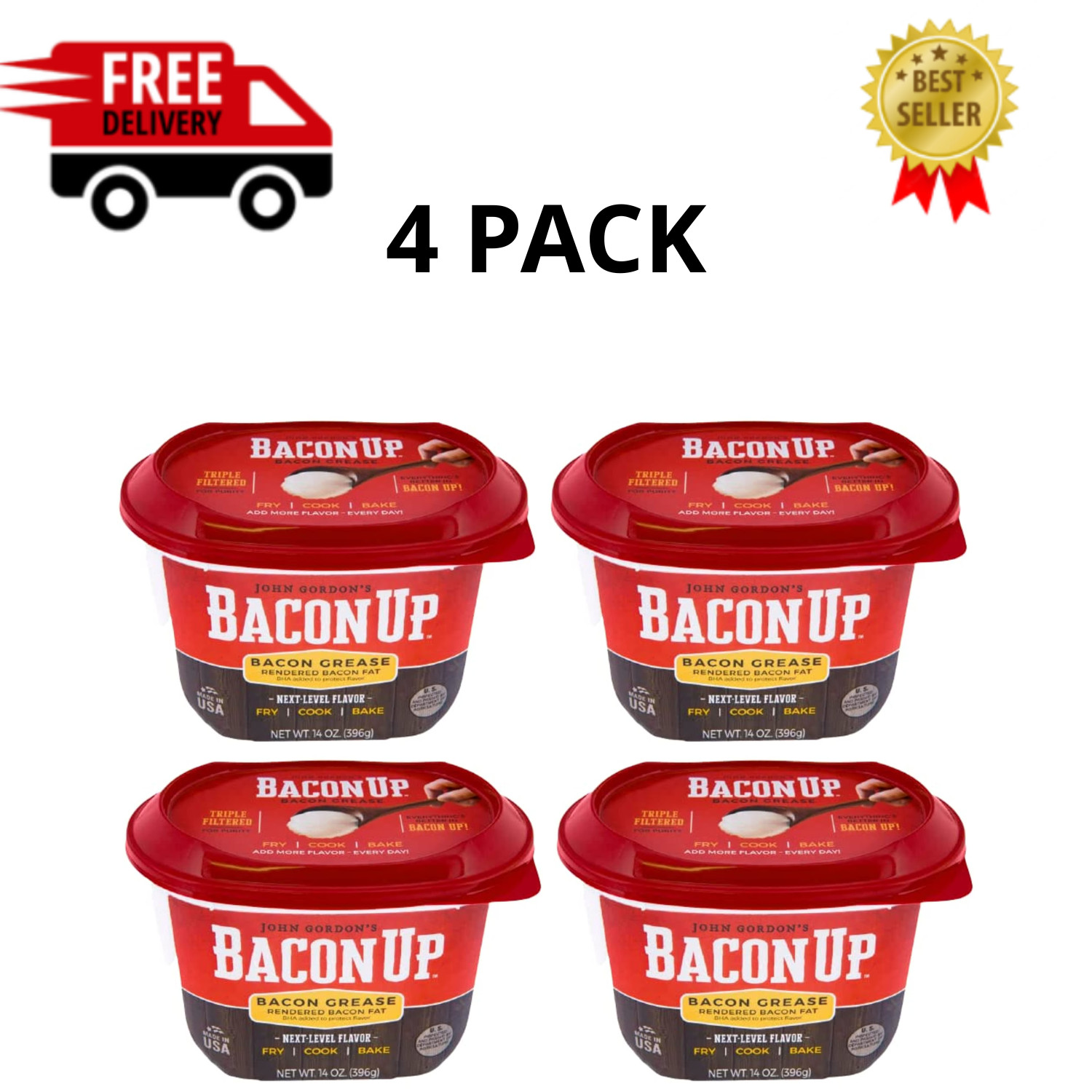 Bacon Up Bacon Grease 14 oz Rendered Bacon Fat Cooking Cast Iron, 4 Pack