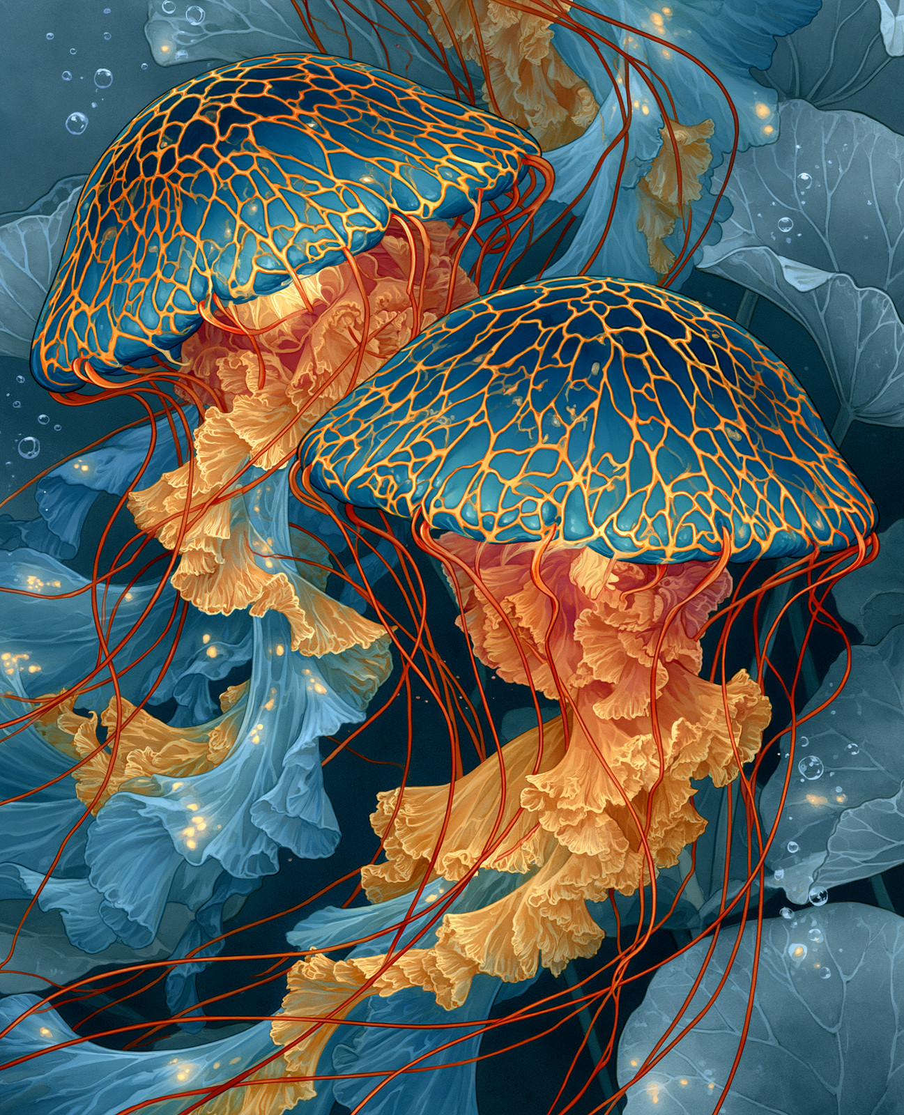 Orange and Blue Jellyfish Pair Drifting Underwater Print - 319421902