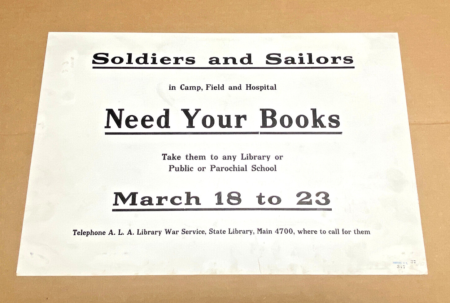 Original 1918 US WWI Poster Books for Soldiers, rare New York State issue Original 1918 US WWI Poster Books for Soldiers, rare New York State issue