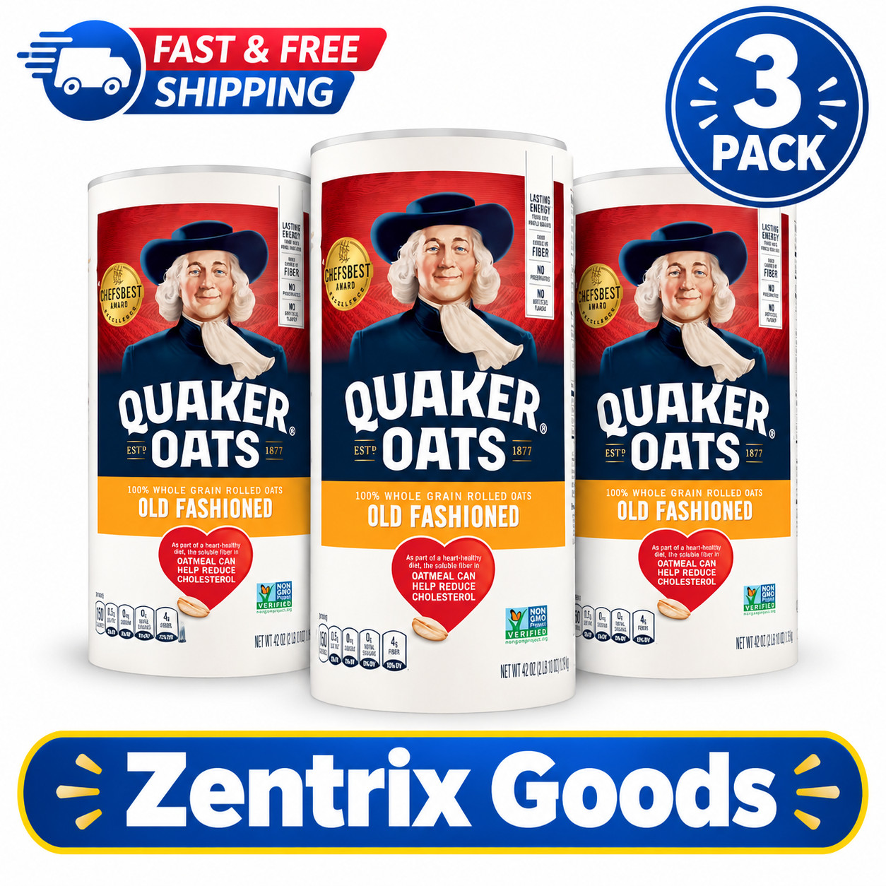 (3 Pack) Quaker Old Fashioned Instant Whole Grain Oatmeal, 42 Oz Canister